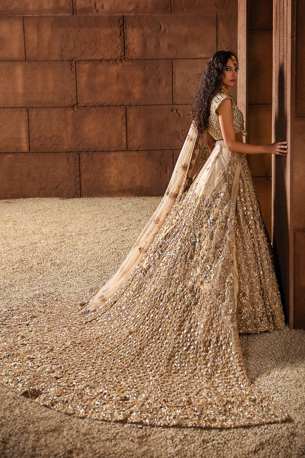 Pakistani Champagne Embellished Net Bridal Lehenga (3-Piece) - Image 4