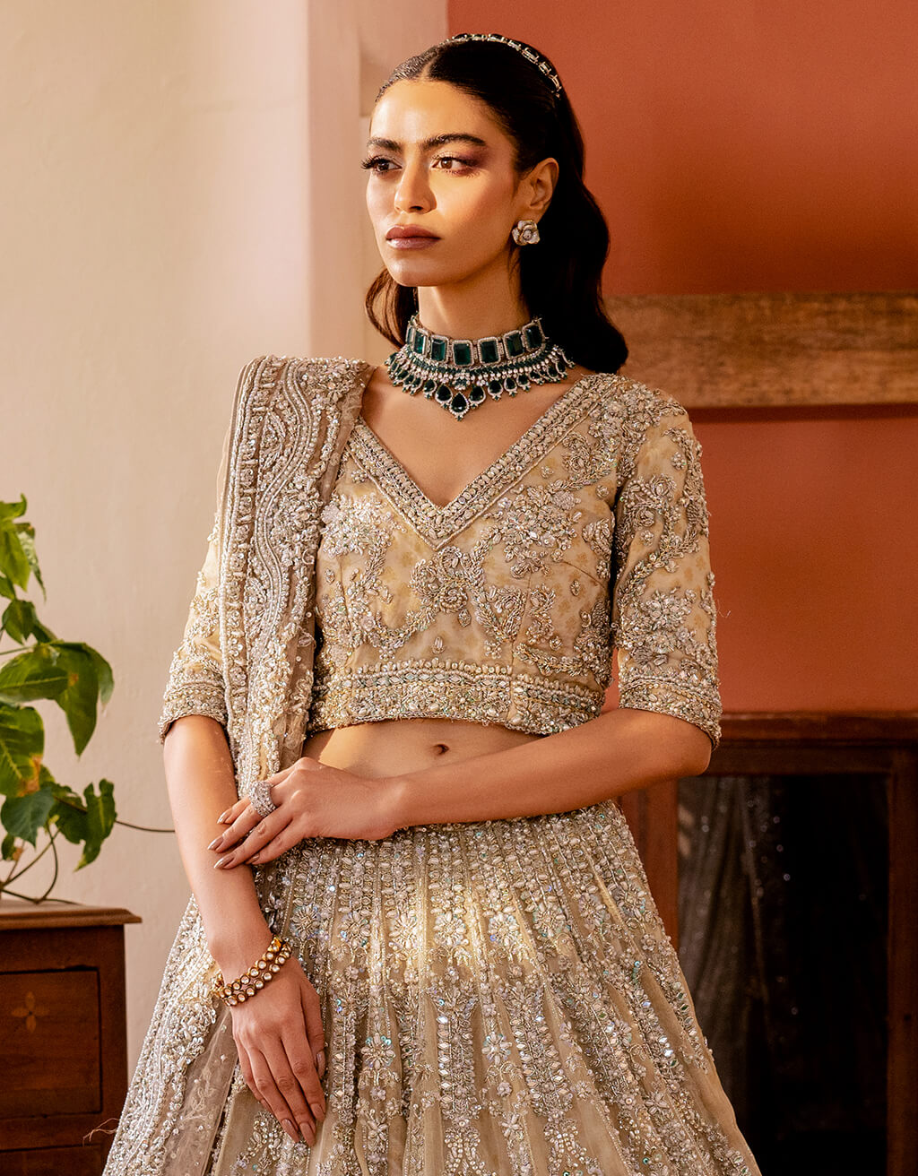 Champagne Embellished Net Silk Bridal Lehenga (3-Piece) - Image 2