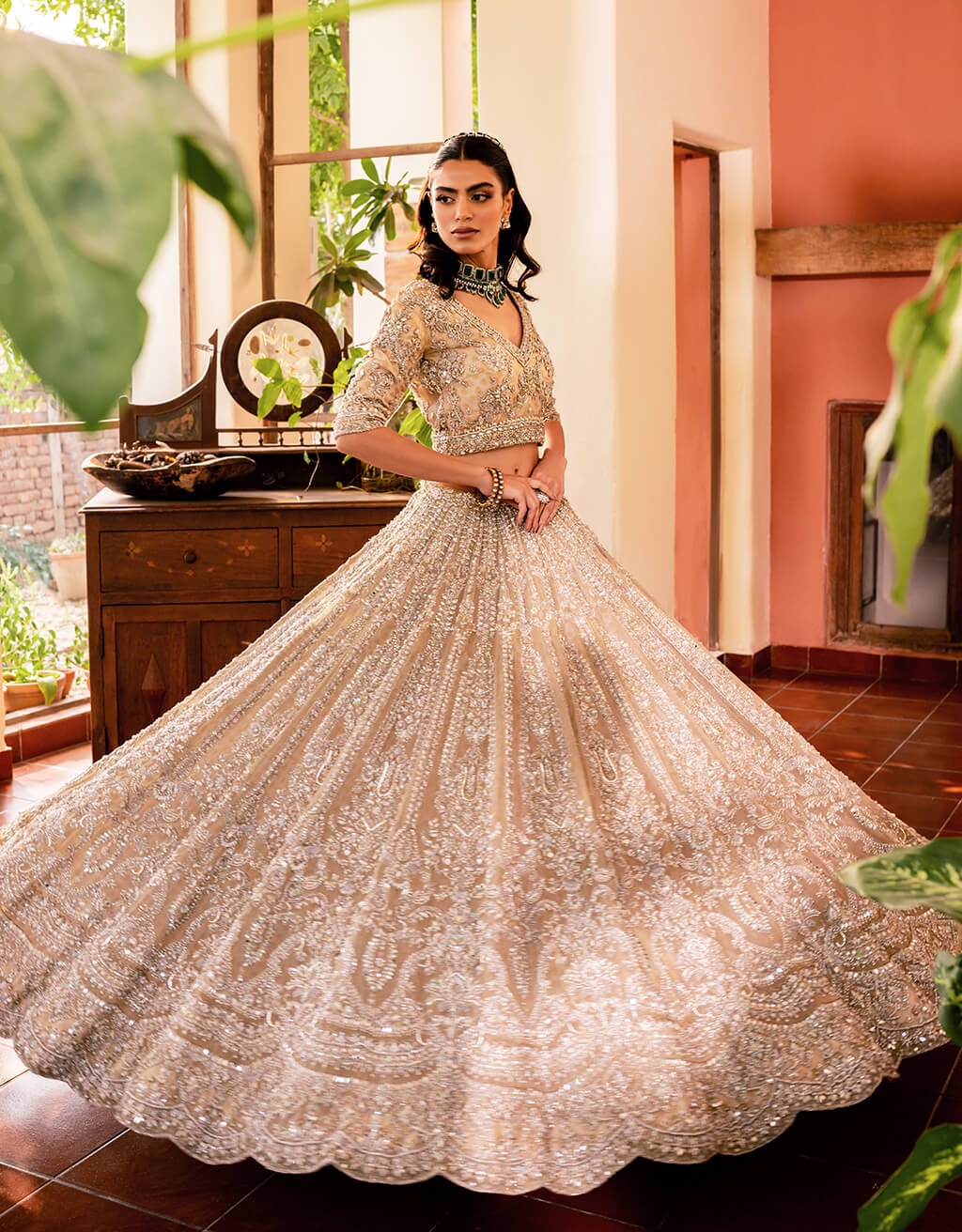Champagne Embellished Net Silk Bridal Lehenga (3-Piece) - Image 4
