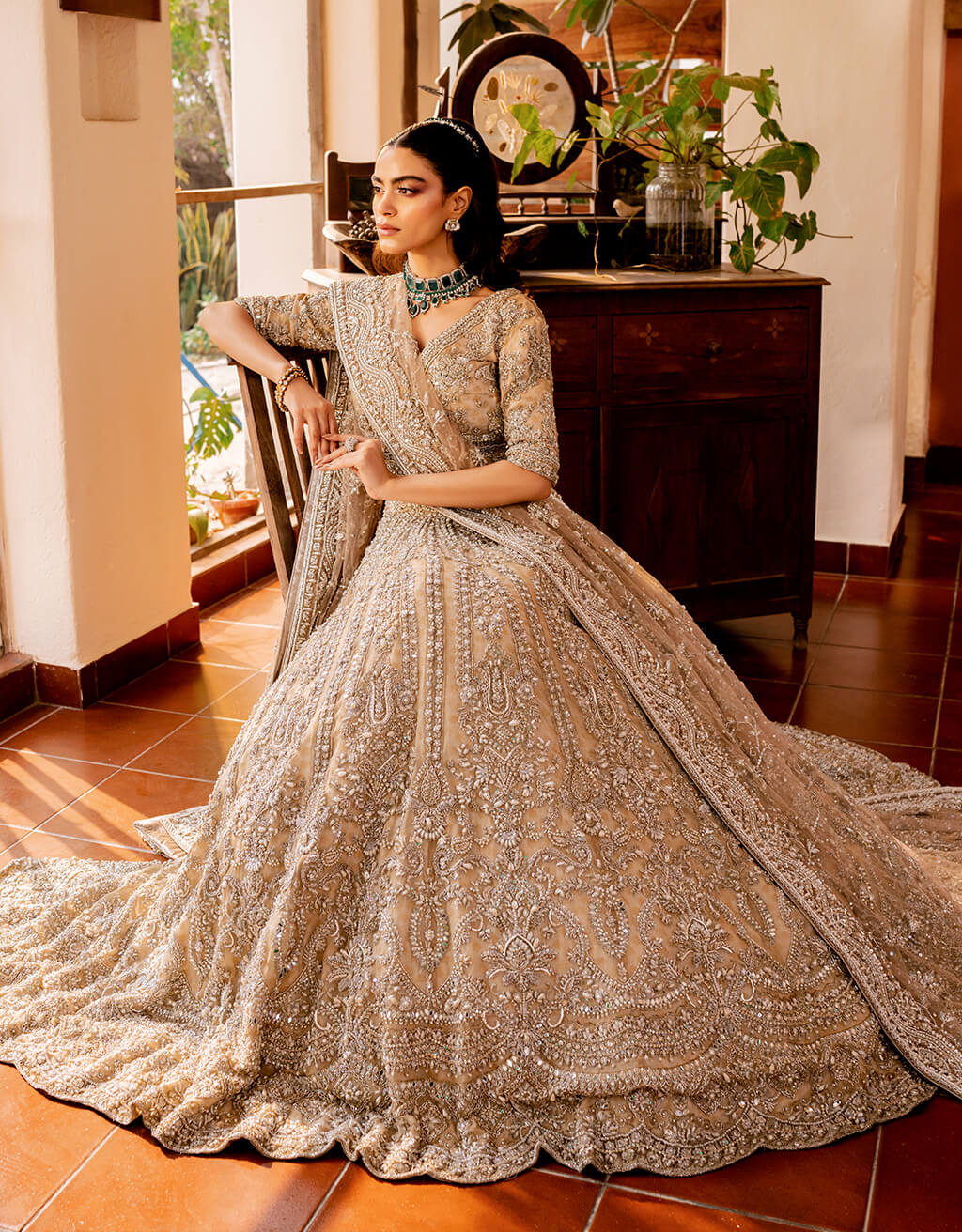 Champagne Embellished Net Silk Bridal Lehenga (3-Piece) - Image 5