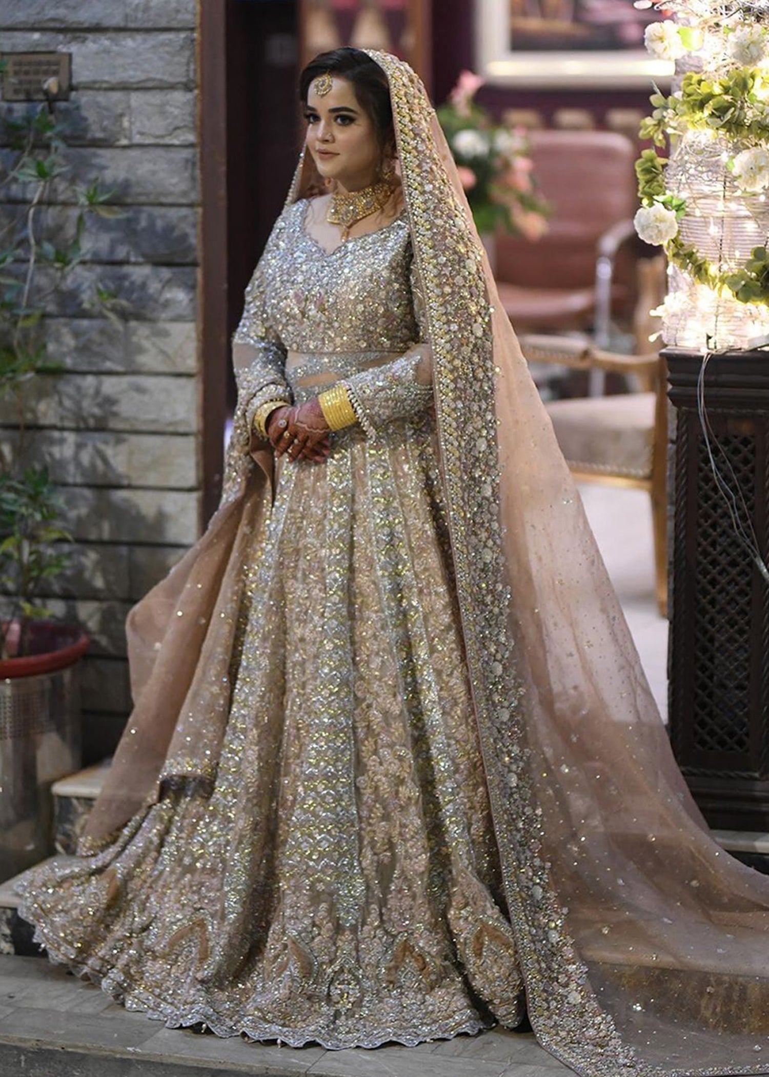 Pakistani Champagne Embellished Net Silk Bridal Lehenga (3-Piece) - Image 1
