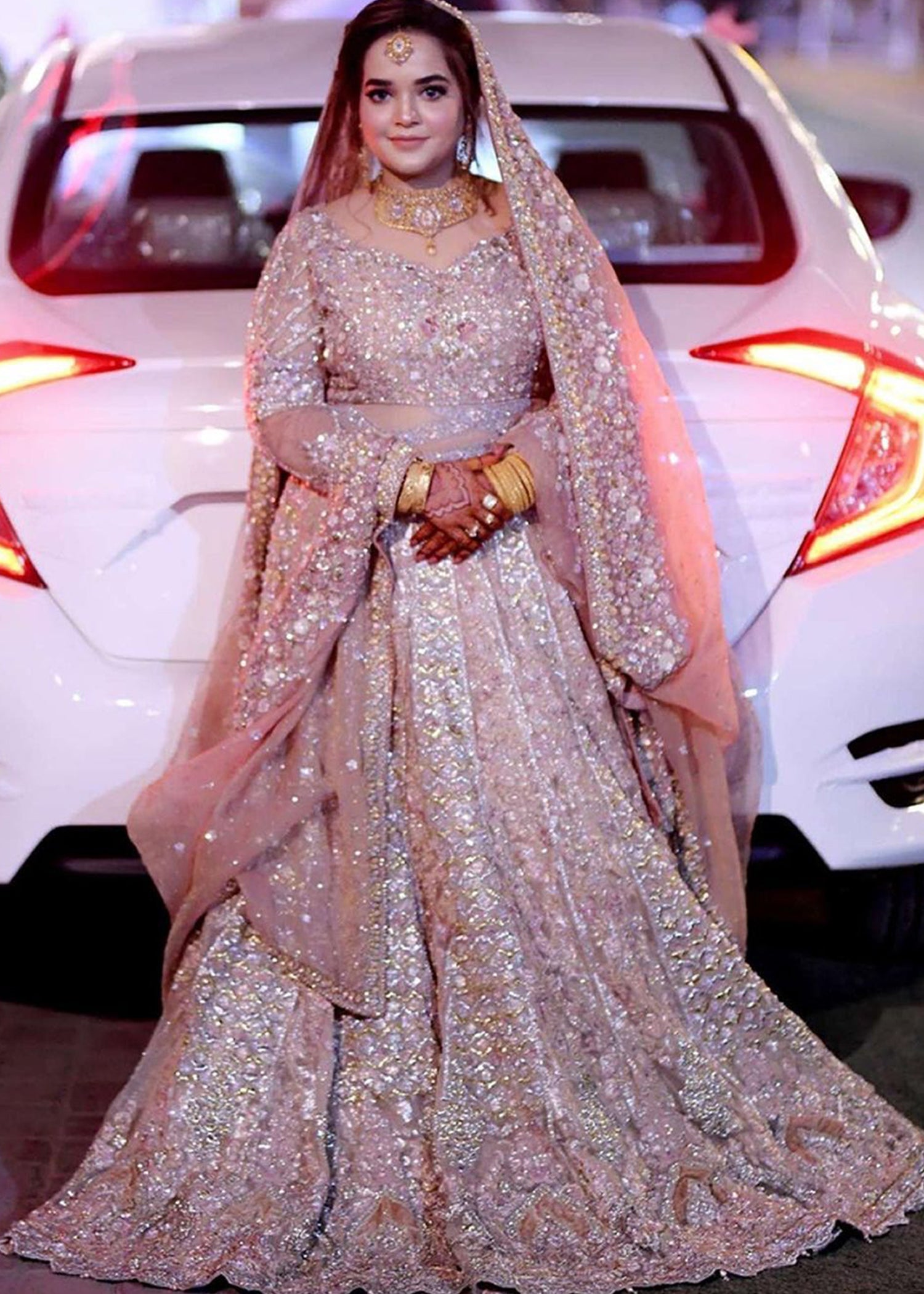 Pakistani Champagne Embellished Net Silk Bridal Lehenga (3-Piece) - Image 2