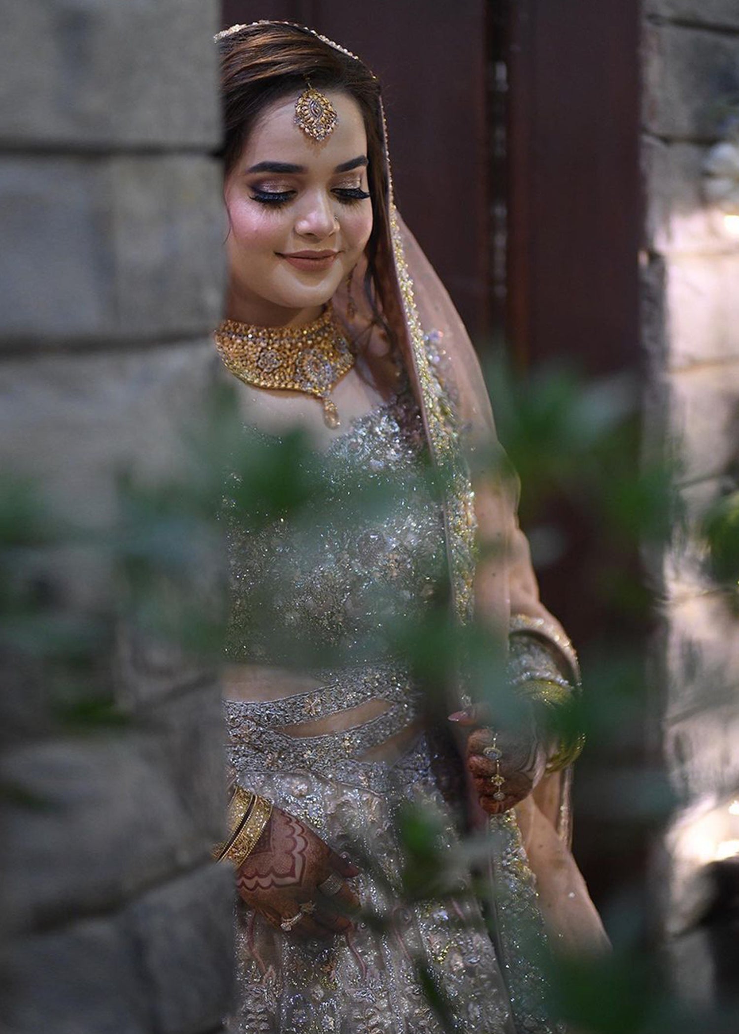 Pakistani Champagne Embellished Net Silk Bridal Lehenga (3-Piece) - Image 3