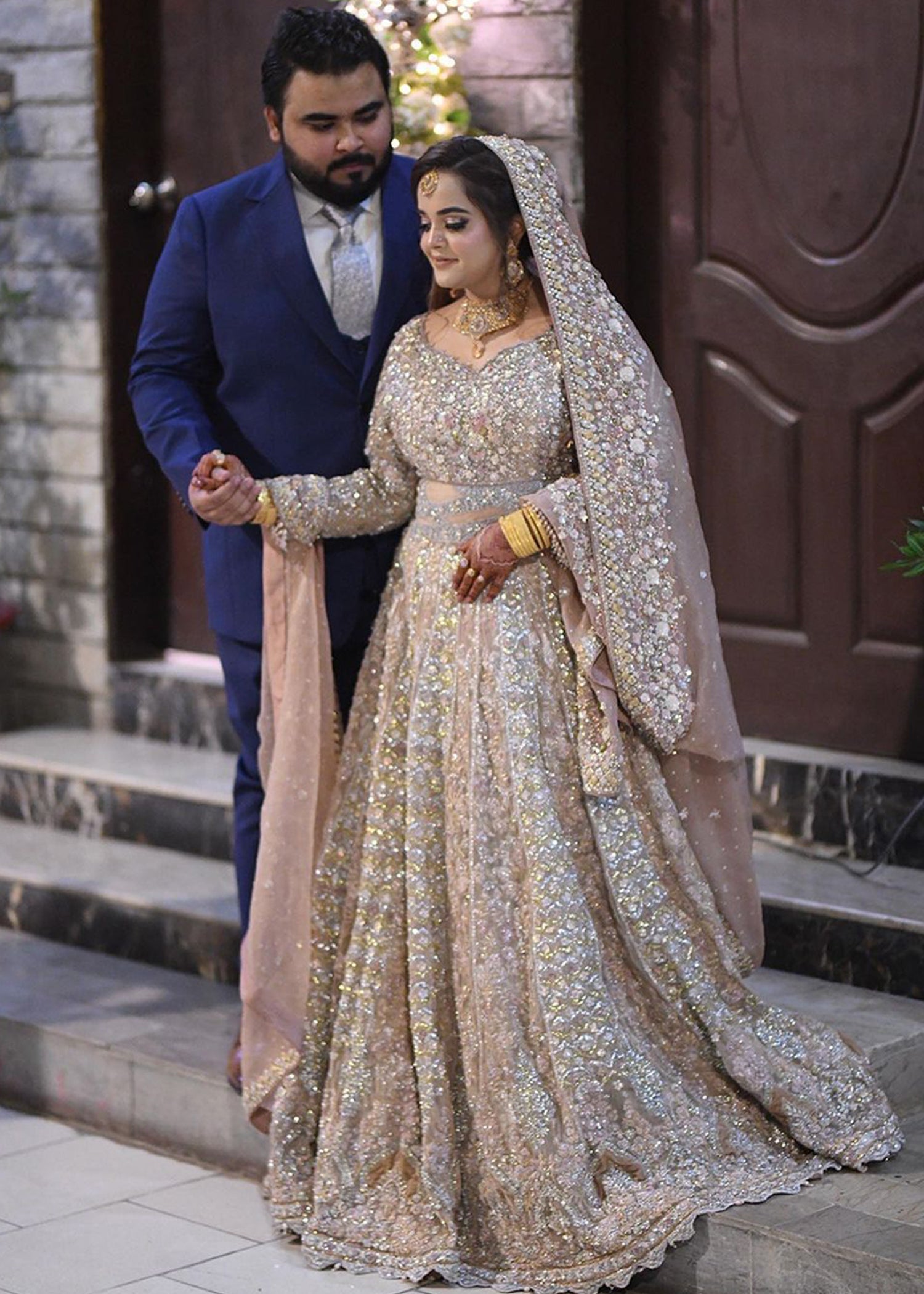 Pakistani Champagne Embellished Net Silk Bridal Lehenga (3-Piece) - Image 4