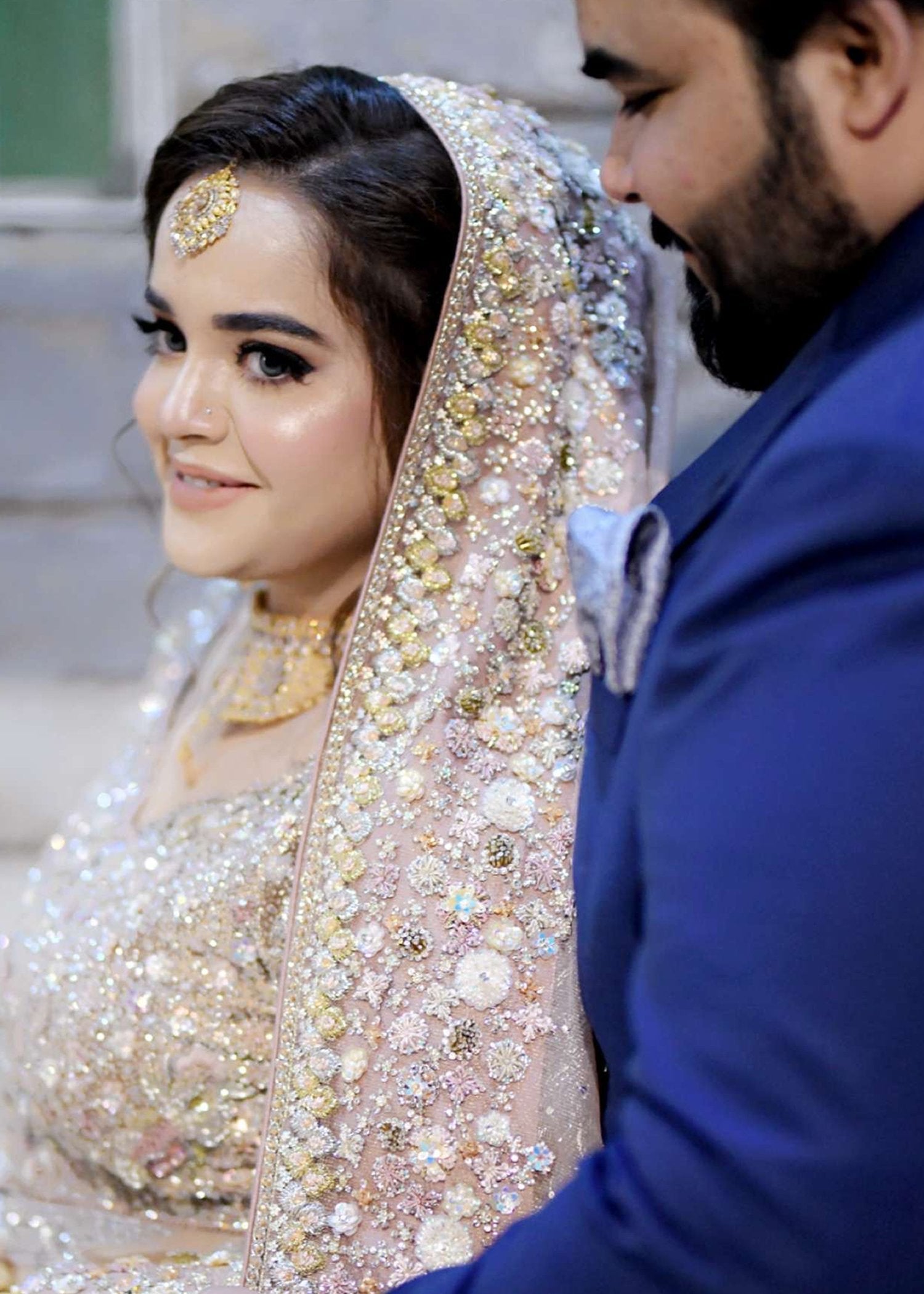 Pakistani Champagne Embellished Net Silk Bridal Lehenga (3-Piece) - Image 6