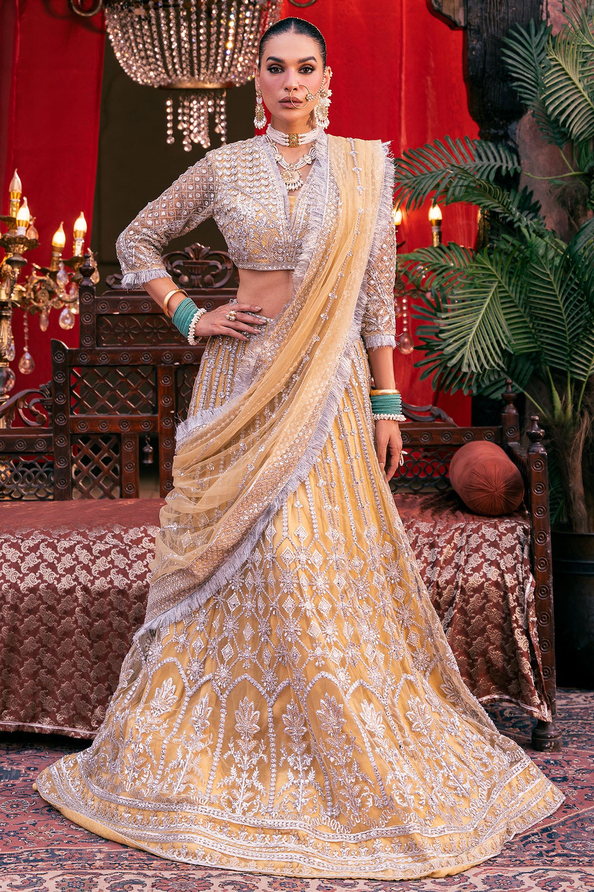 Golden Embroidered Net & Silk Lehenga Choli (3-Piece) - Image 2