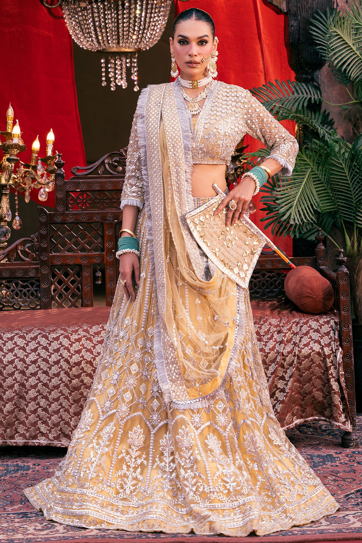 Pakistani Gold Embroidered Net Lehenga Set (3-Piece) - Image 1