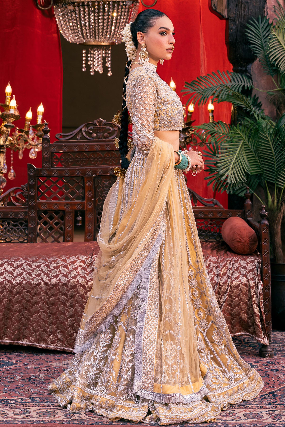 Pakistani Gold Embroidered Net Lehenga Set (3-Piece) - Image 3