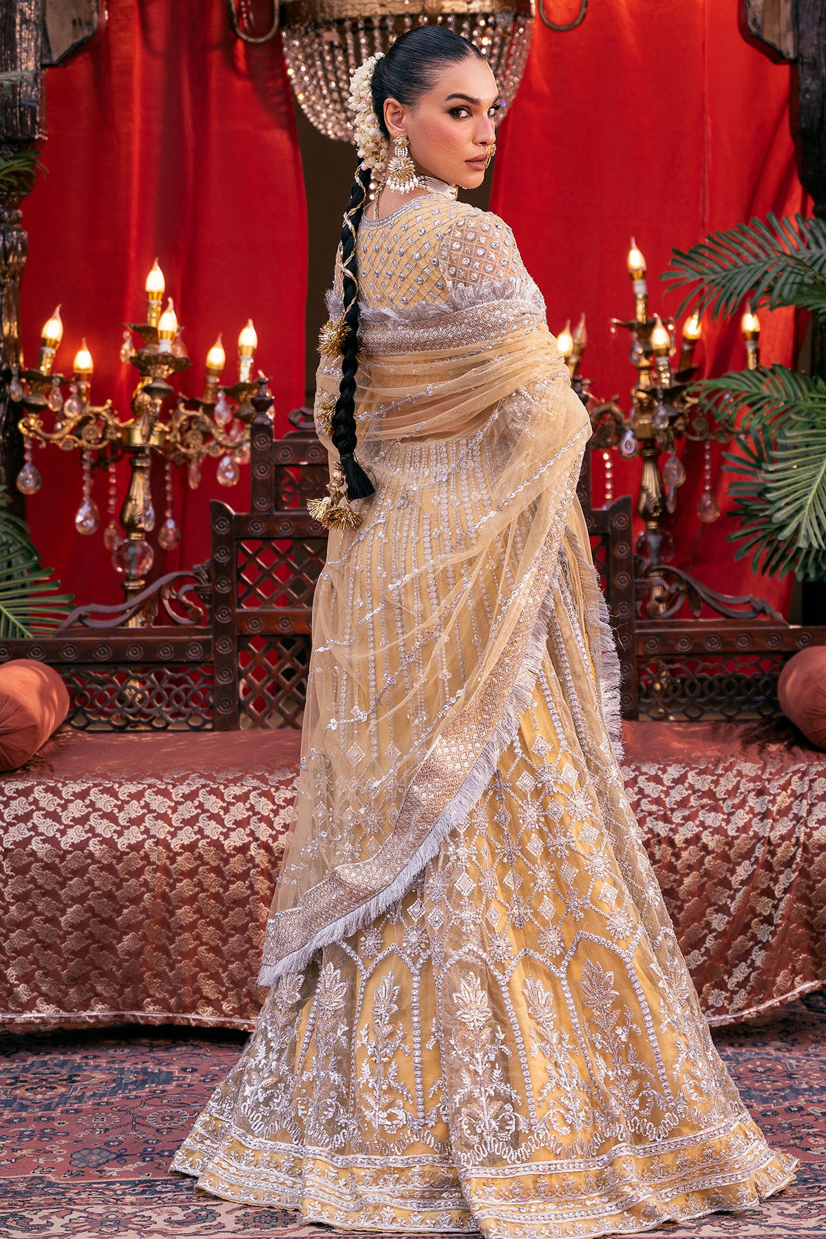 Pakistani Gold Embroidered Net Lehenga Set (3-Piece) - Image 4