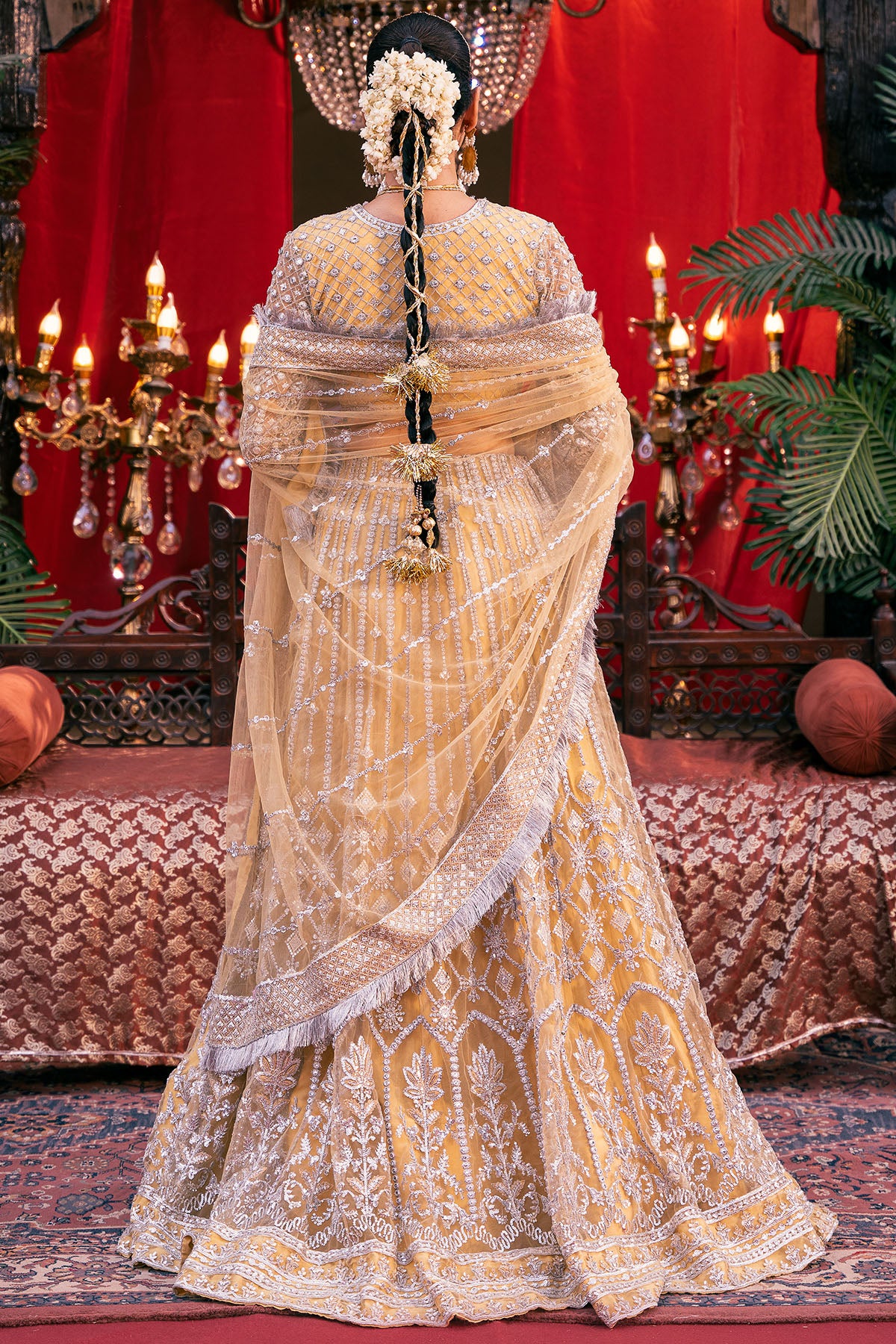 Pakistani Gold Embroidered Net Lehenga Set (3-Piece) - Image 5