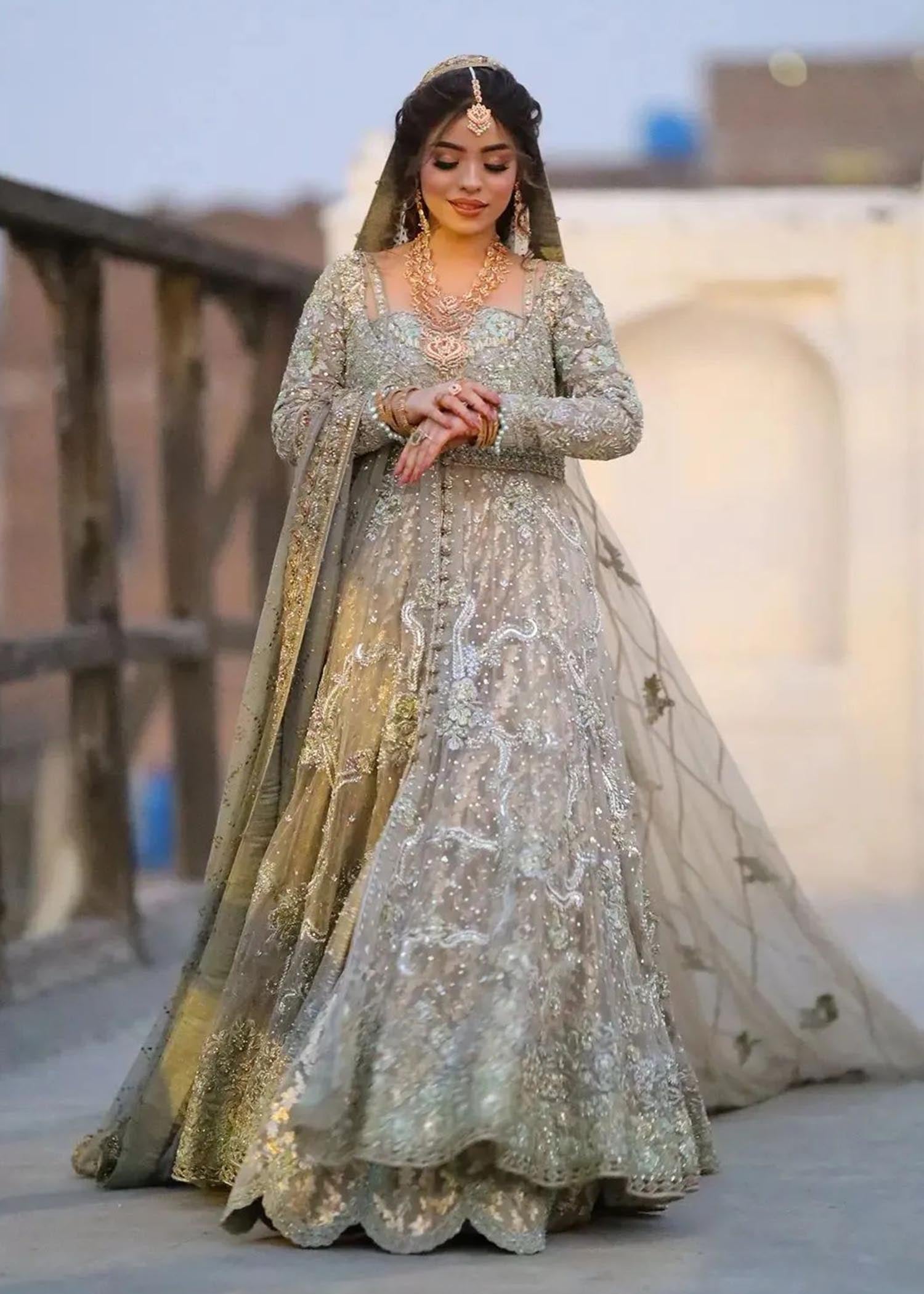 Sage Gold Embellished Net Silk Bridal Lehenga (3-Piece) - Image 1