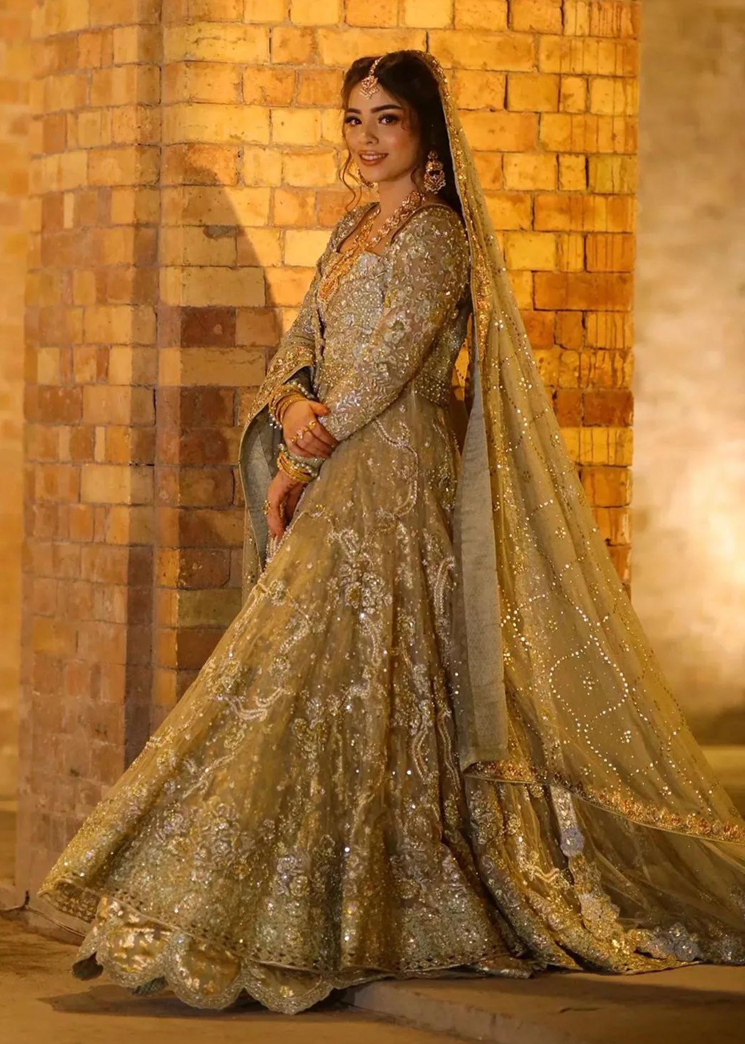 Sage Gold Embellished Net Silk Bridal Lehenga (3-Piece) - Image 4