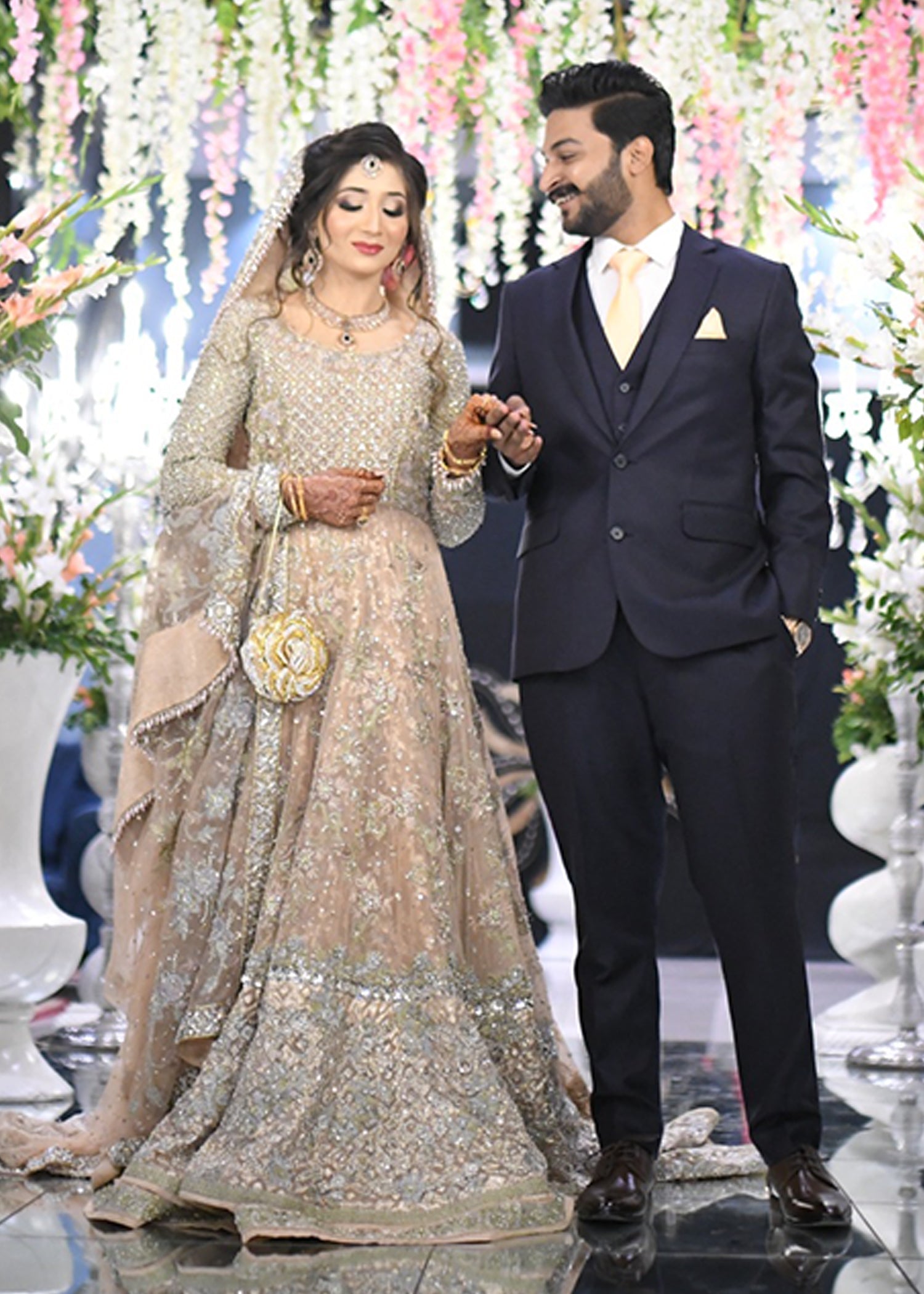 Pakistani Champagne Embellished Net Silk Bridal Lehenga (3-Piece) - Image 1