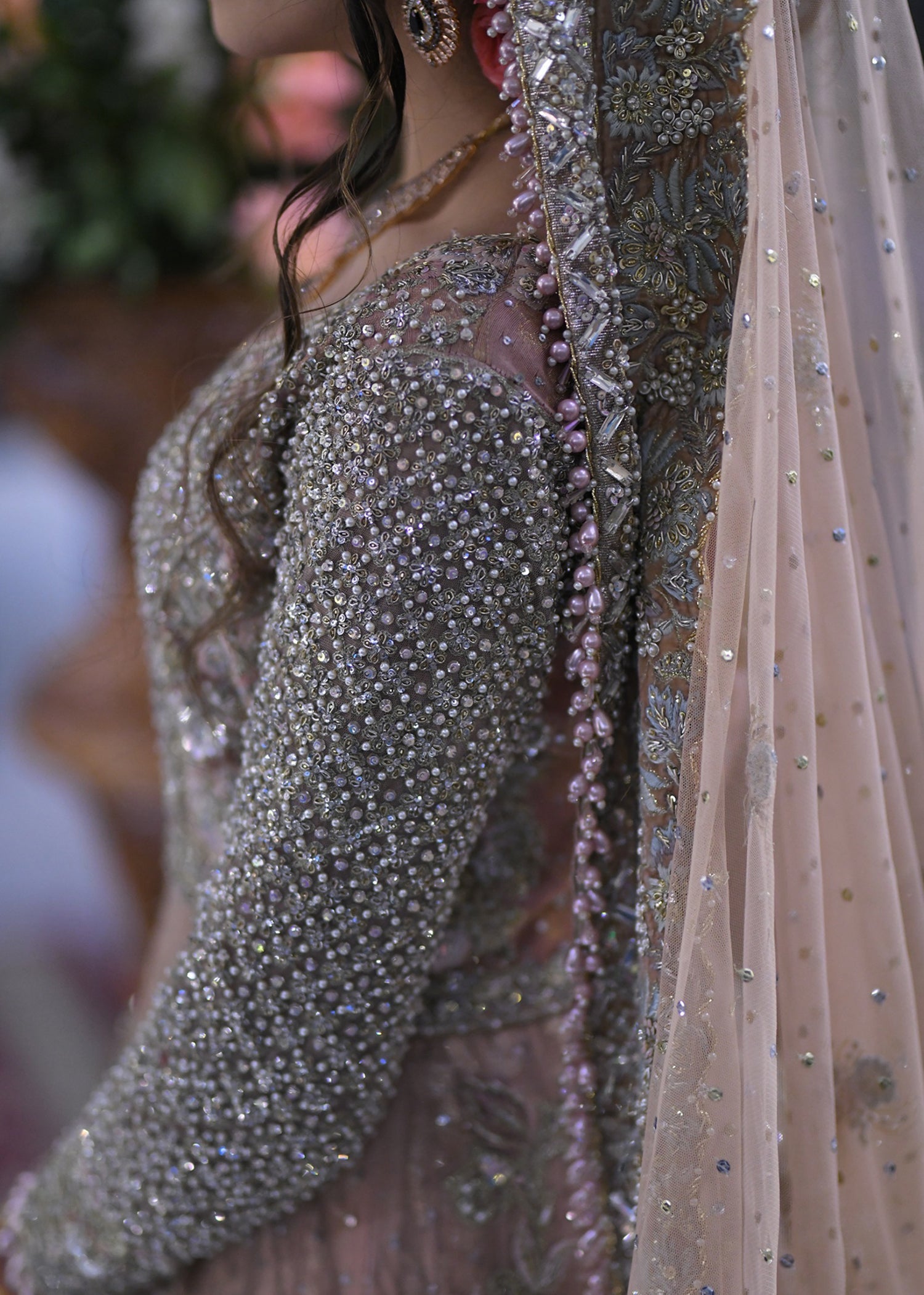 Pakistani Champagne Embellished Net Silk Bridal Lehenga (3-Piece) - Image 10