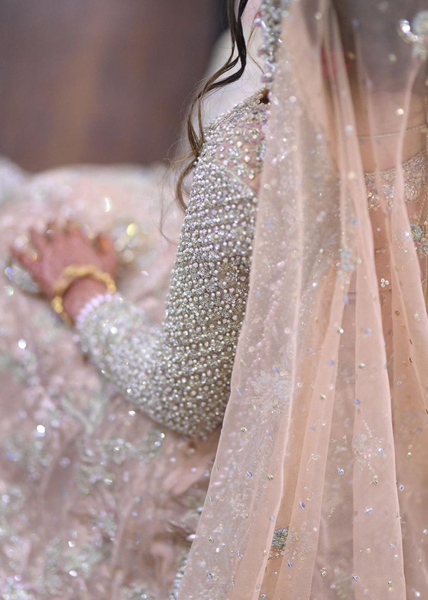 Pakistani Champagne Embellished Net Silk Bridal Lehenga (3-Piece) - Image 11