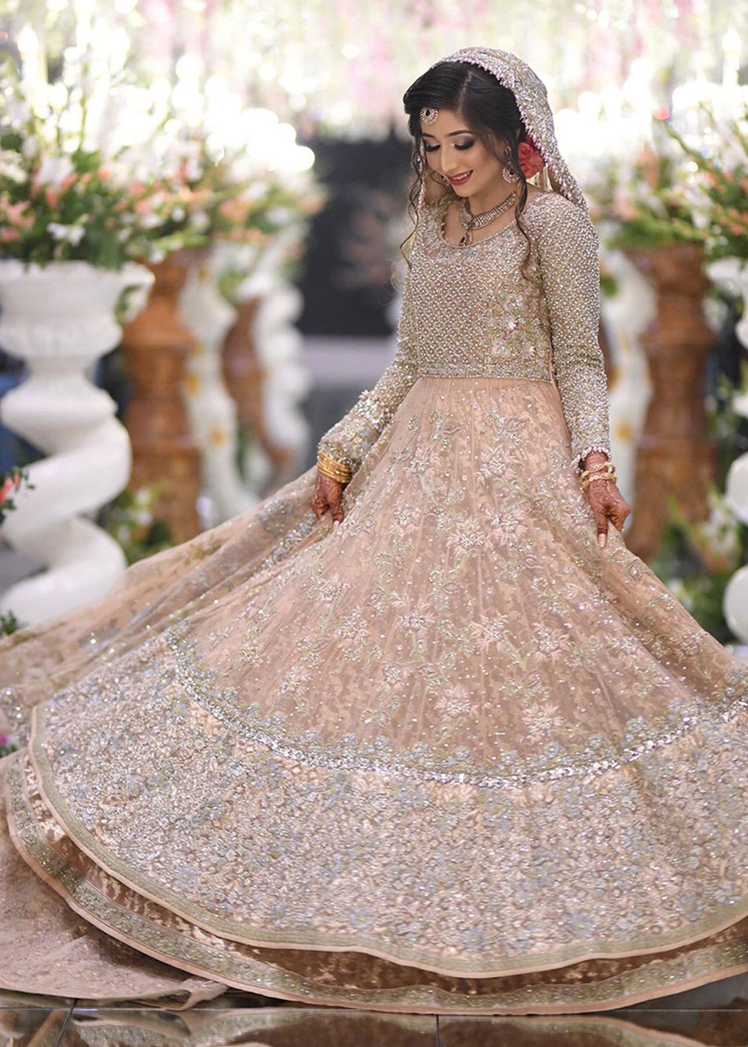 Pakistani Champagne Embellished Net Silk Bridal Lehenga (3-Piece) - Image 2