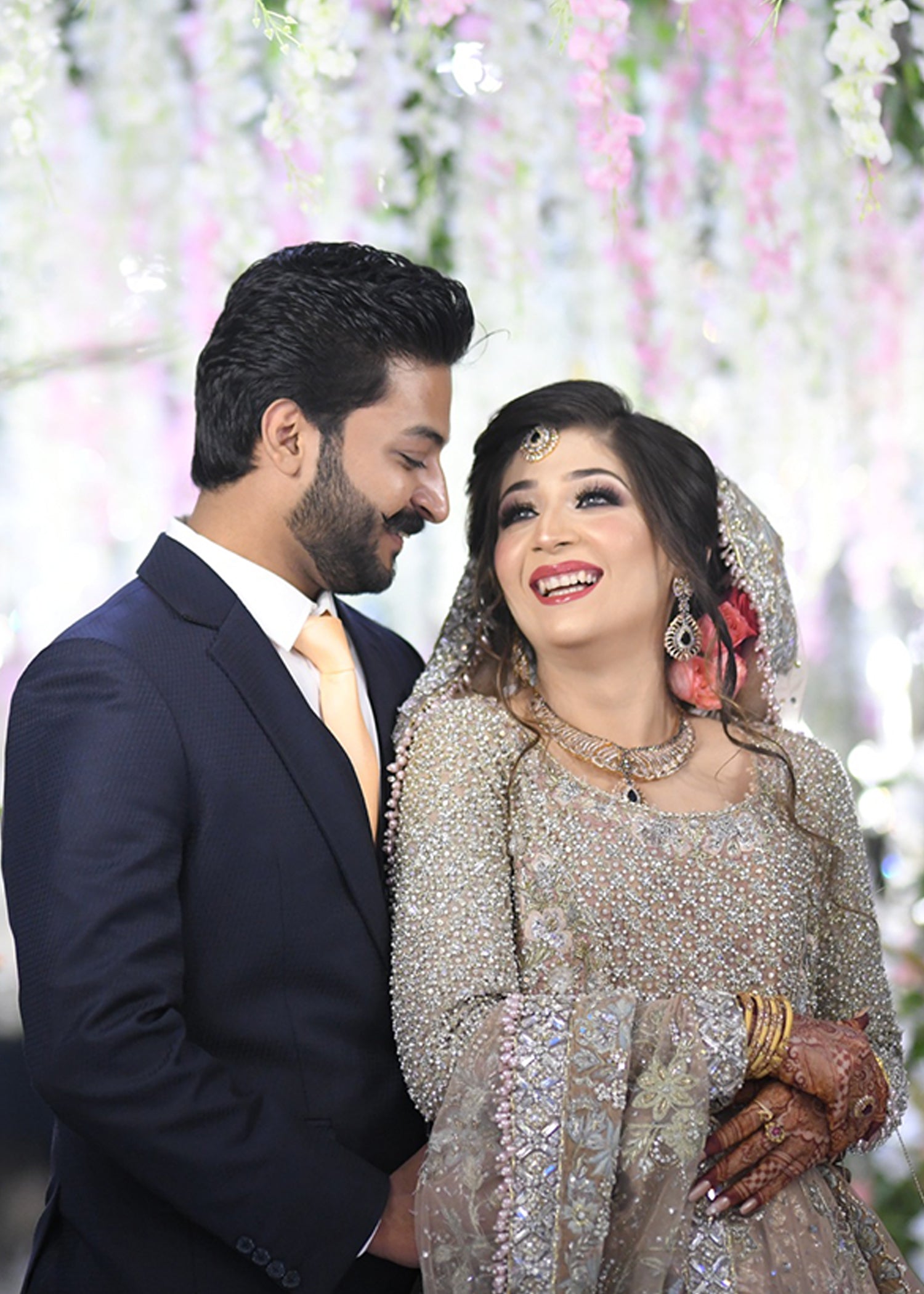 Pakistani Champagne Embellished Net Silk Bridal Lehenga (3-Piece) - Image 3