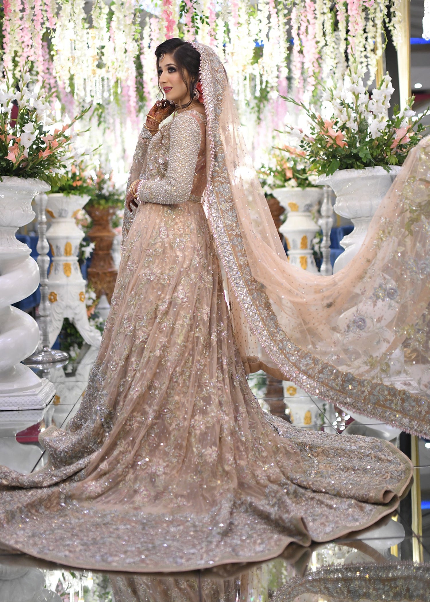 Pakistani Champagne Embellished Net Silk Bridal Lehenga (3-Piece) - Image 4