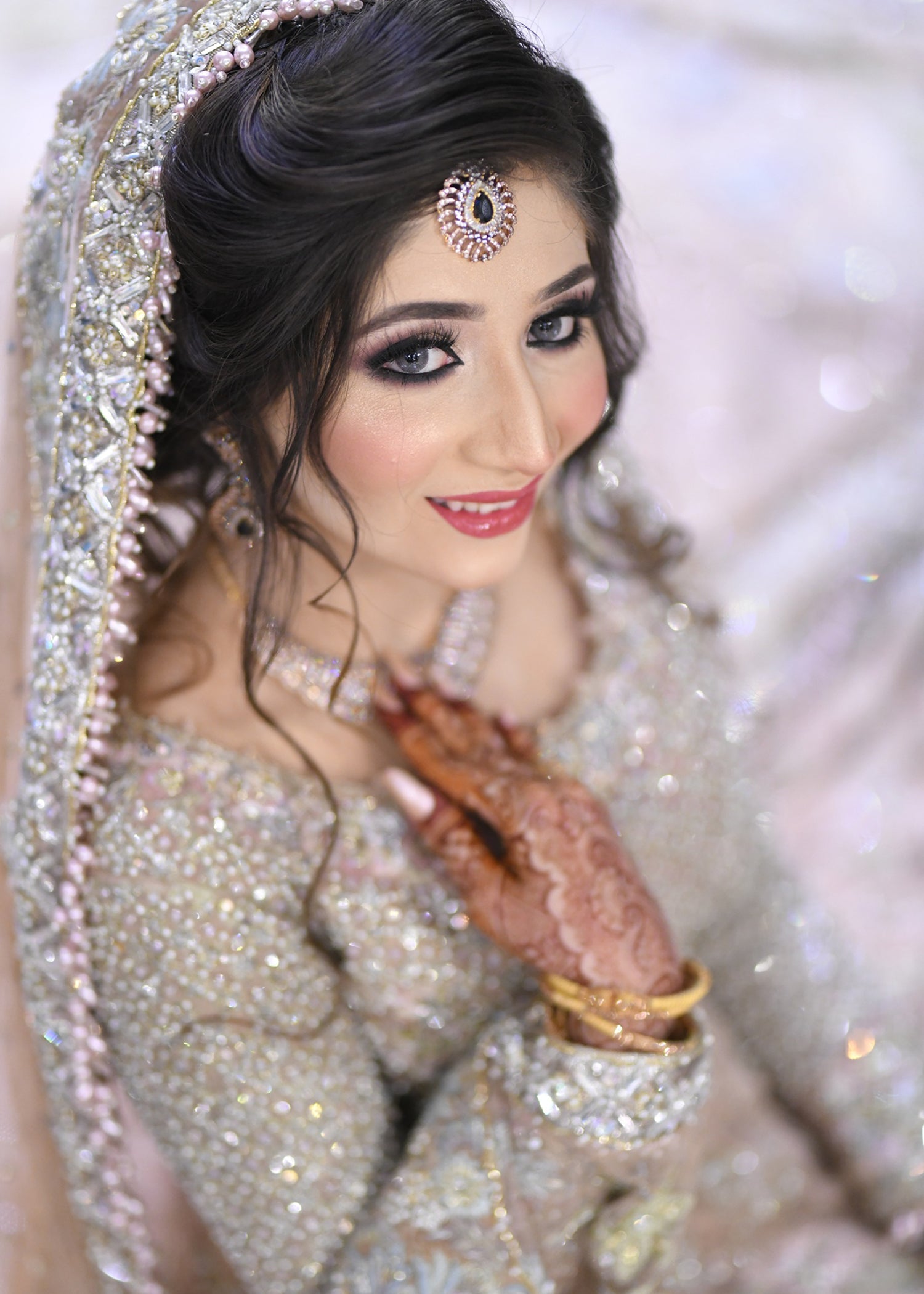 Pakistani Champagne Embellished Net Silk Bridal Lehenga (3-Piece) - Image 7