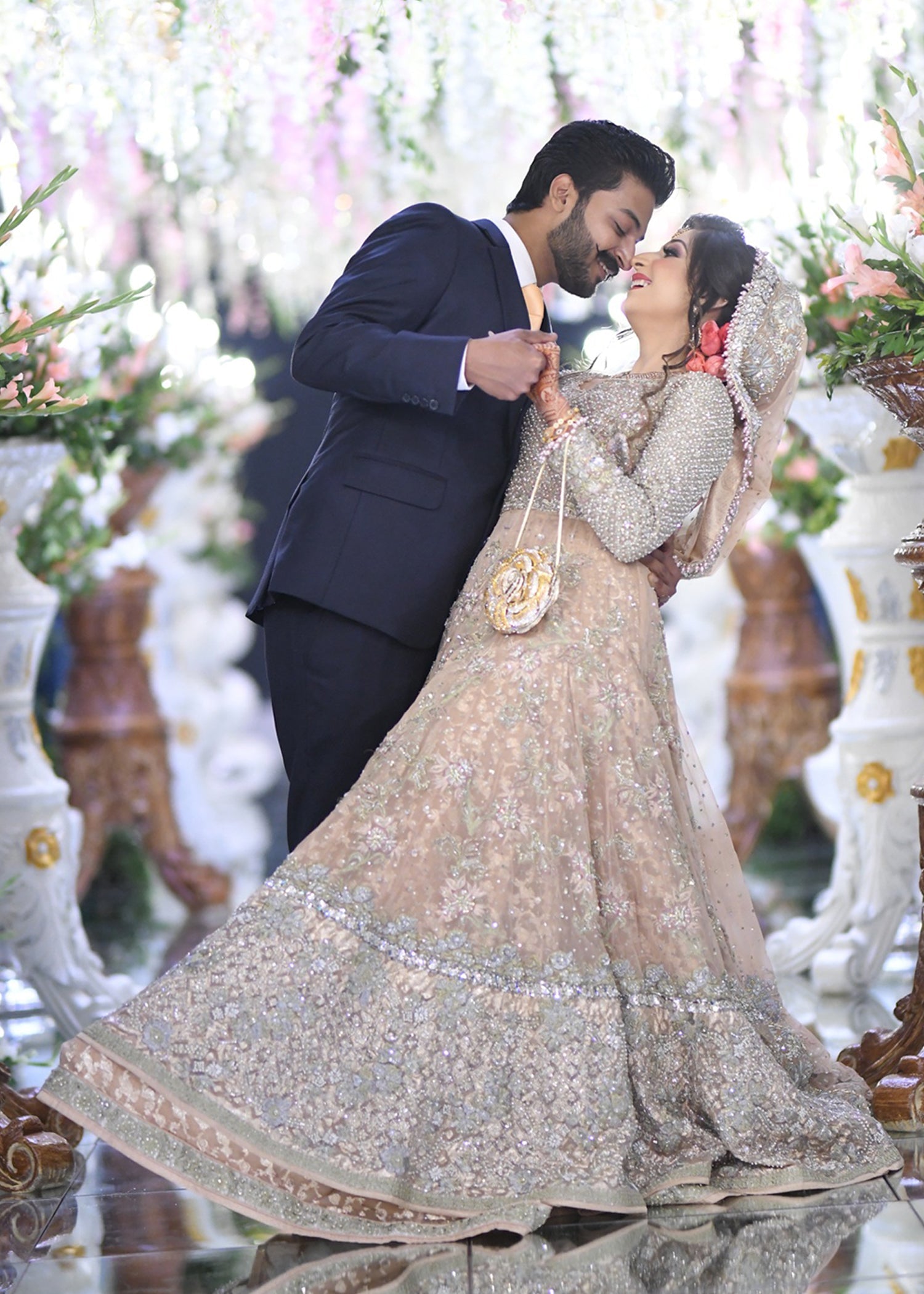 Pakistani Champagne Embellished Net Silk Bridal Lehenga (3-Piece) - Image 8