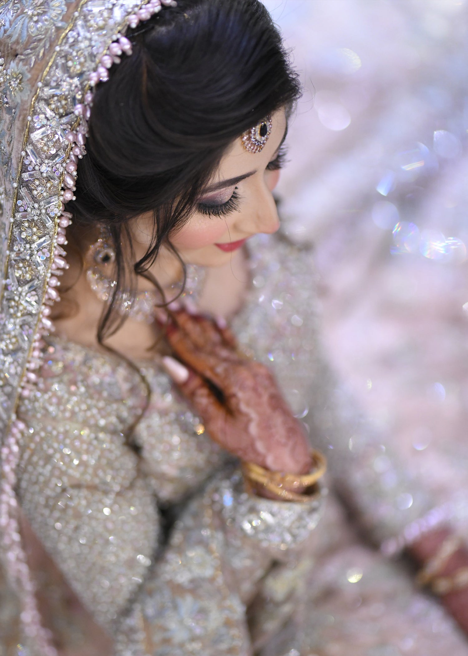 Pakistani Champagne Embellished Net Silk Bridal Lehenga (3-Piece) - Image 9