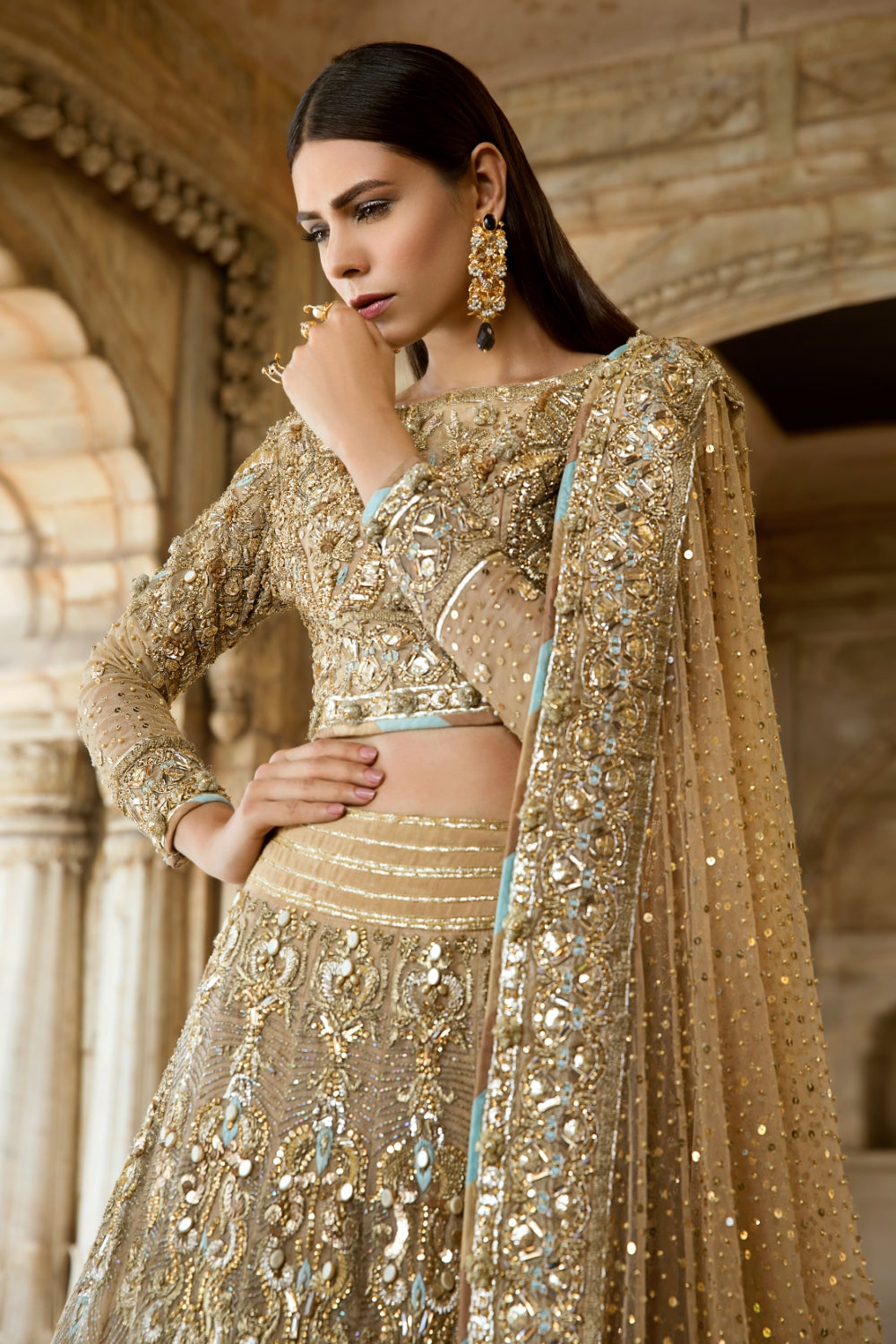 Pakistani Gold Embellished Net Silk Bridal Lehenga (3-Piece) - Image 4