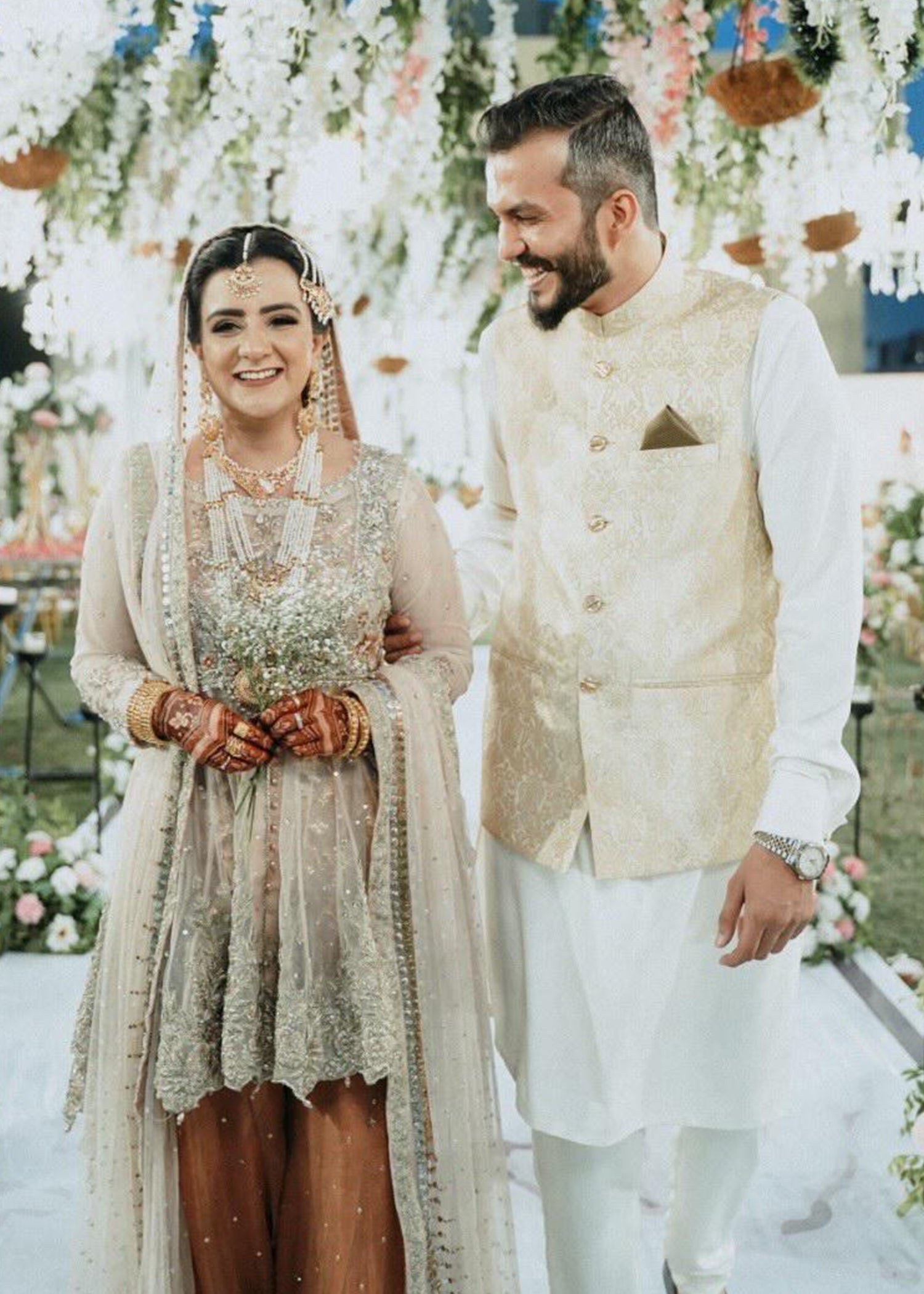 Champagne and Peach Embellished Net Bridal Lehenga (3-Piece) - Image 1