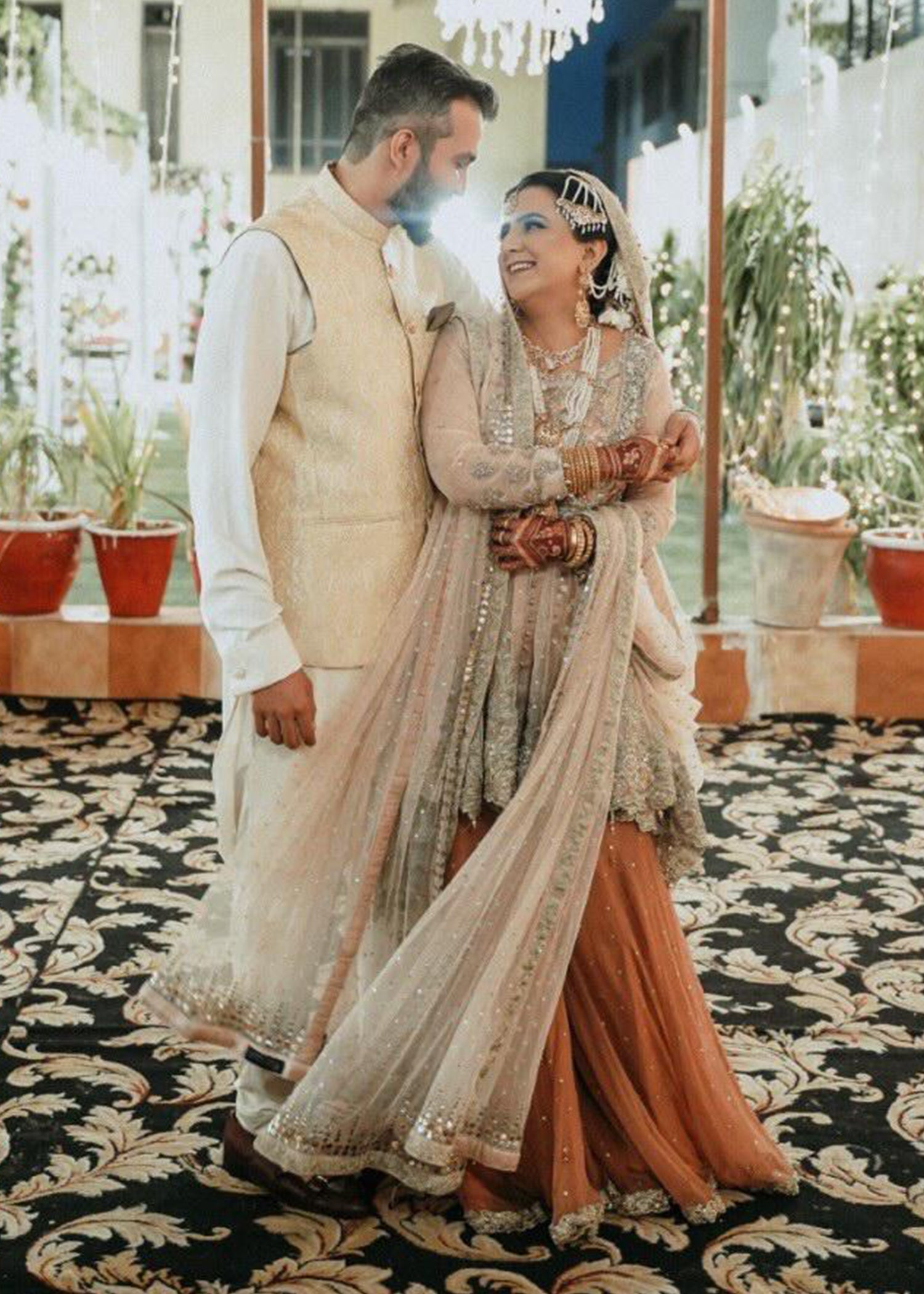 Champagne and Peach Embellished Net Bridal Lehenga (3-Piece) - Image 2