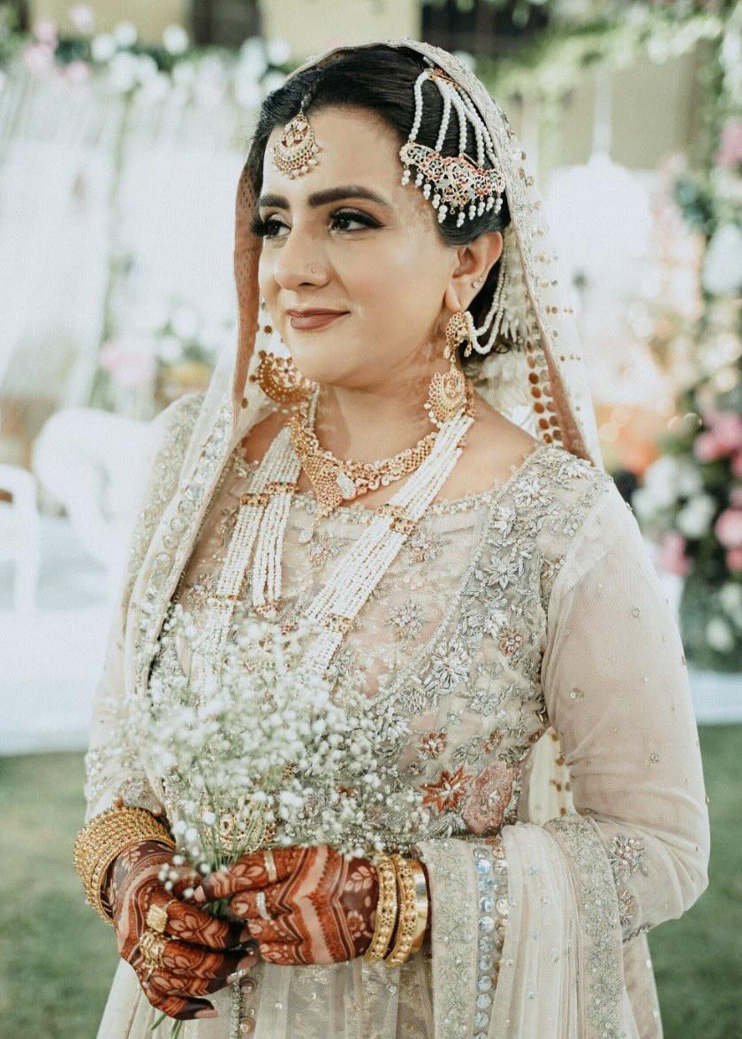 Champagne and Peach Embellished Net Bridal Lehenga (3-Piece) - Image 3