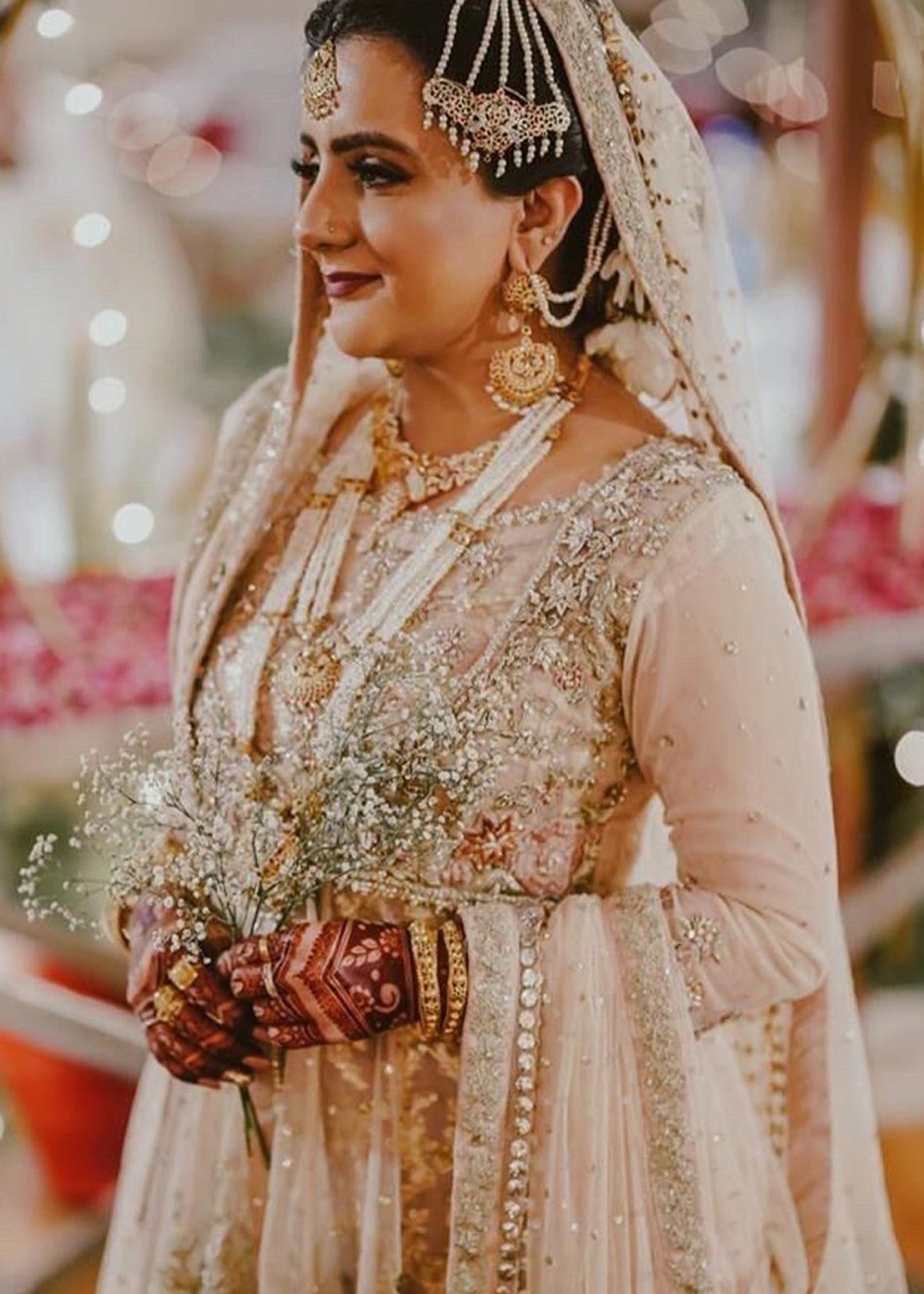 Champagne and Peach Embellished Net Bridal Lehenga (3-Piece) - Image 4