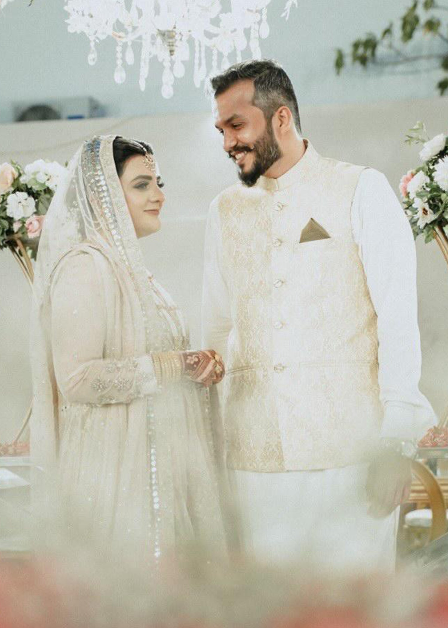 Champagne and Peach Embellished Net Bridal Lehenga (3-Piece) - Image 6