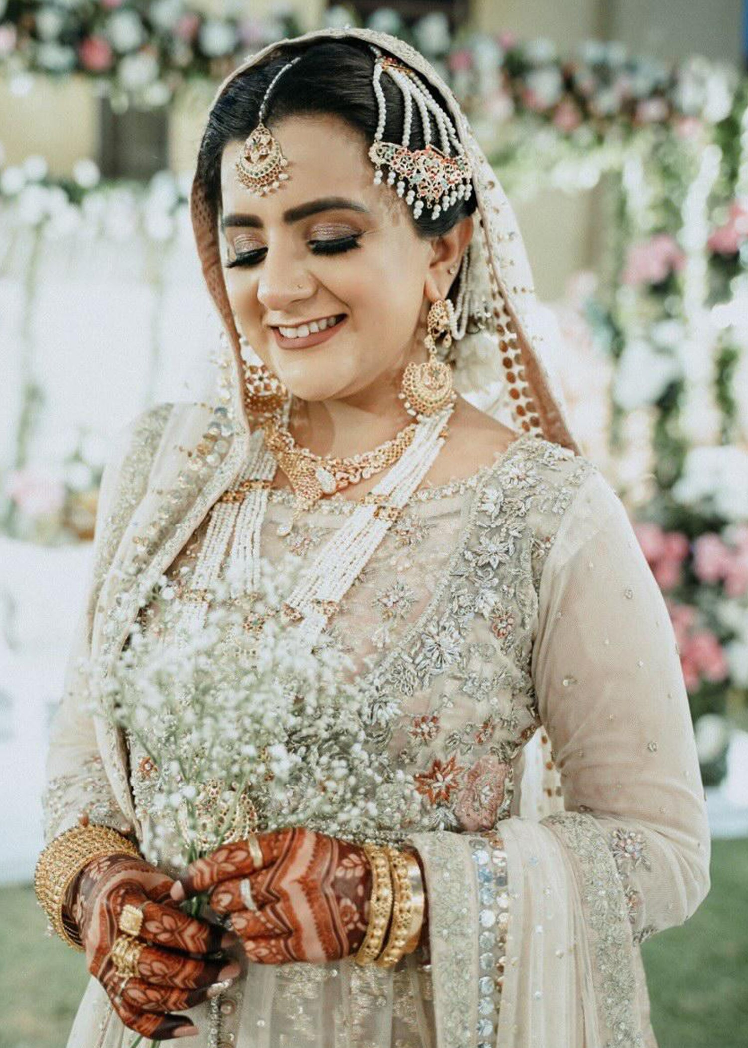 Champagne and Peach Embellished Net Bridal Lehenga (3-Piece) - Image 7