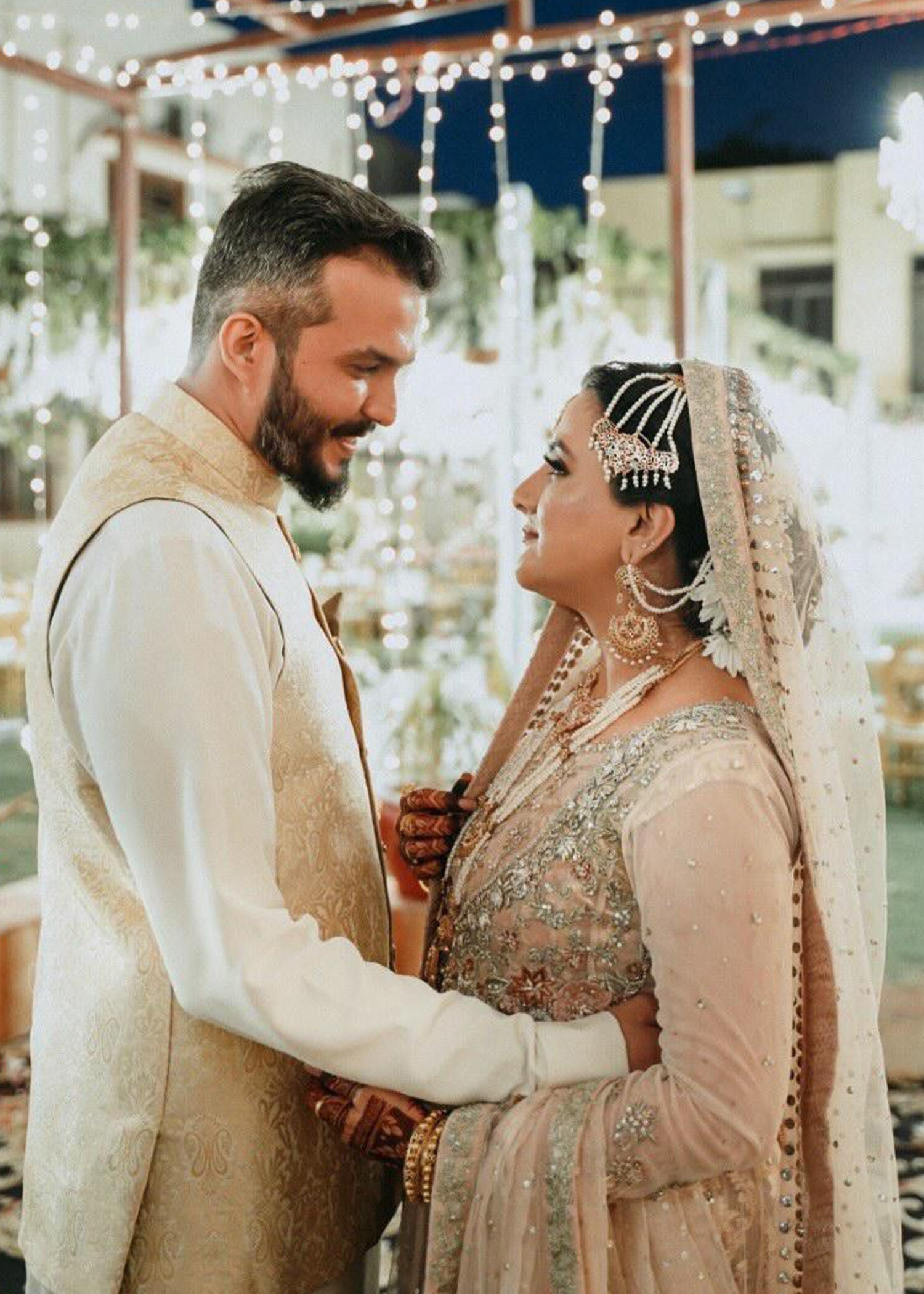 Champagne and Peach Embellished Net Bridal Lehenga (3-Piece) - Image 8