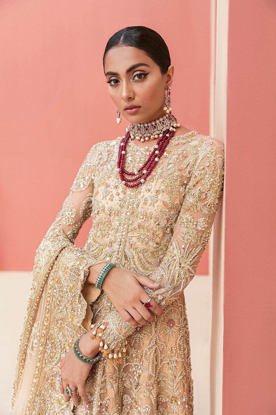 Pakistani Gold Embellished Net Lehenga Gown (3-Piece) - Image 2