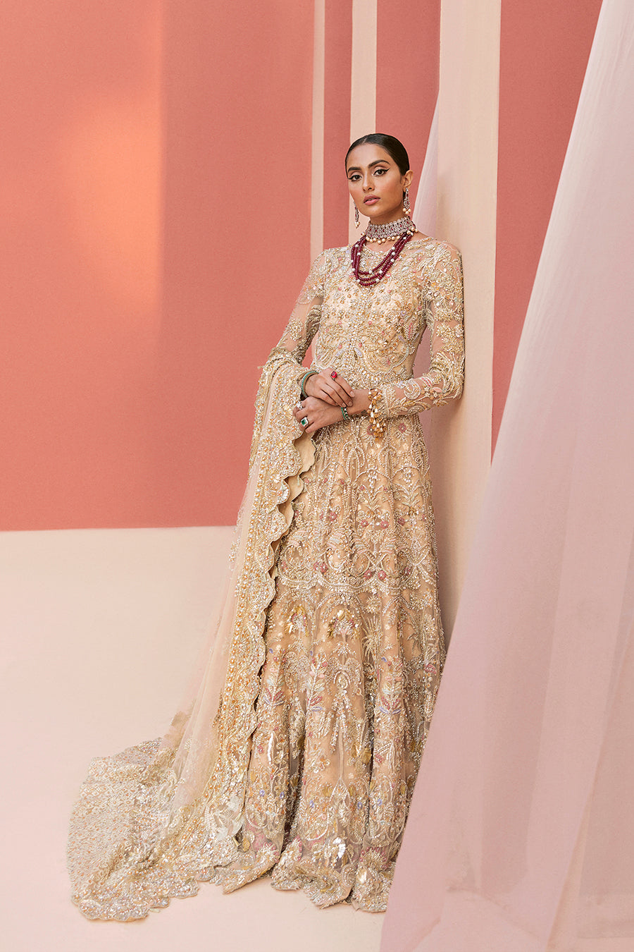 Pakistani Gold Embellished Net Lehenga Gown (3-Piece) - Image 3