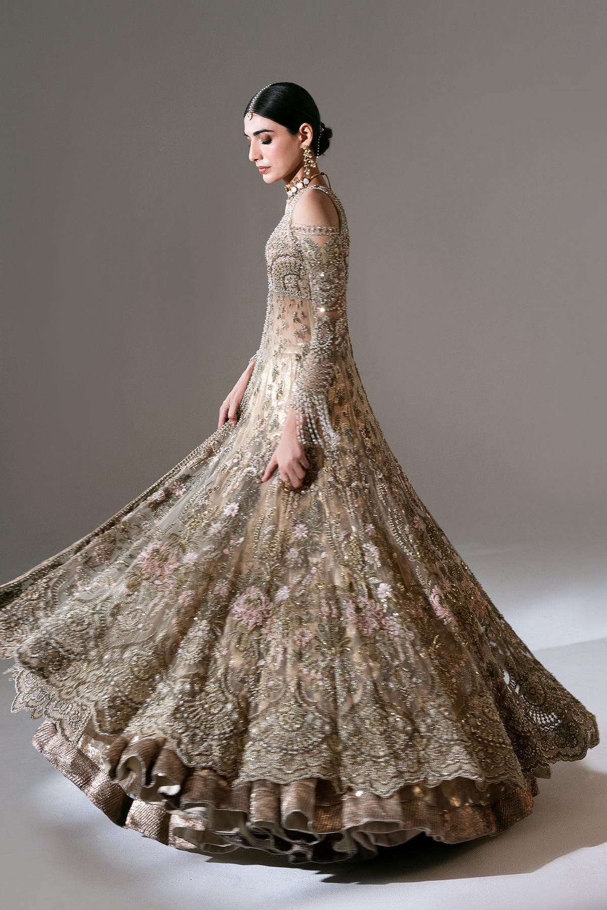Pakistani Antique Gold Embroidered Net Lehenga (3-Piece) - Image 1