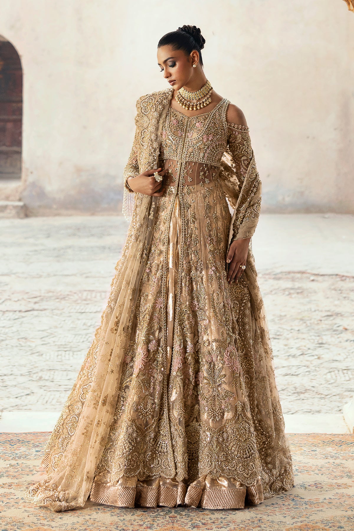 Pakistani Antique Gold Embroidered Net Lehenga (3-Piece) - Image 10