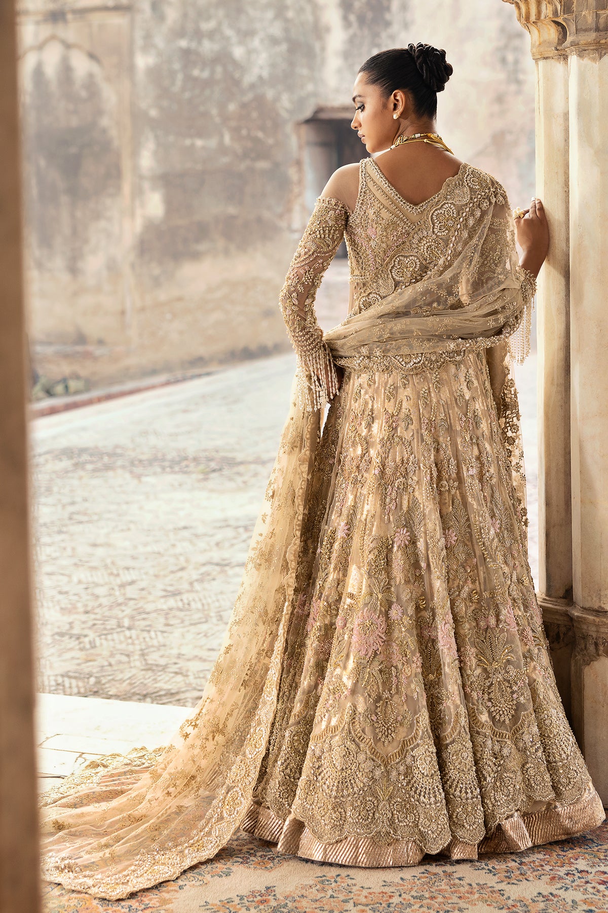Pakistani Antique Gold Embroidered Net Lehenga (3-Piece) - Image 11