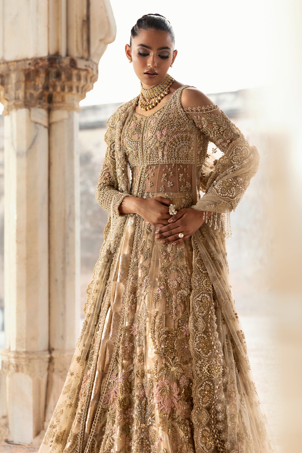 Pakistani Antique Gold Embroidered Net Lehenga (3-Piece) - Image 12