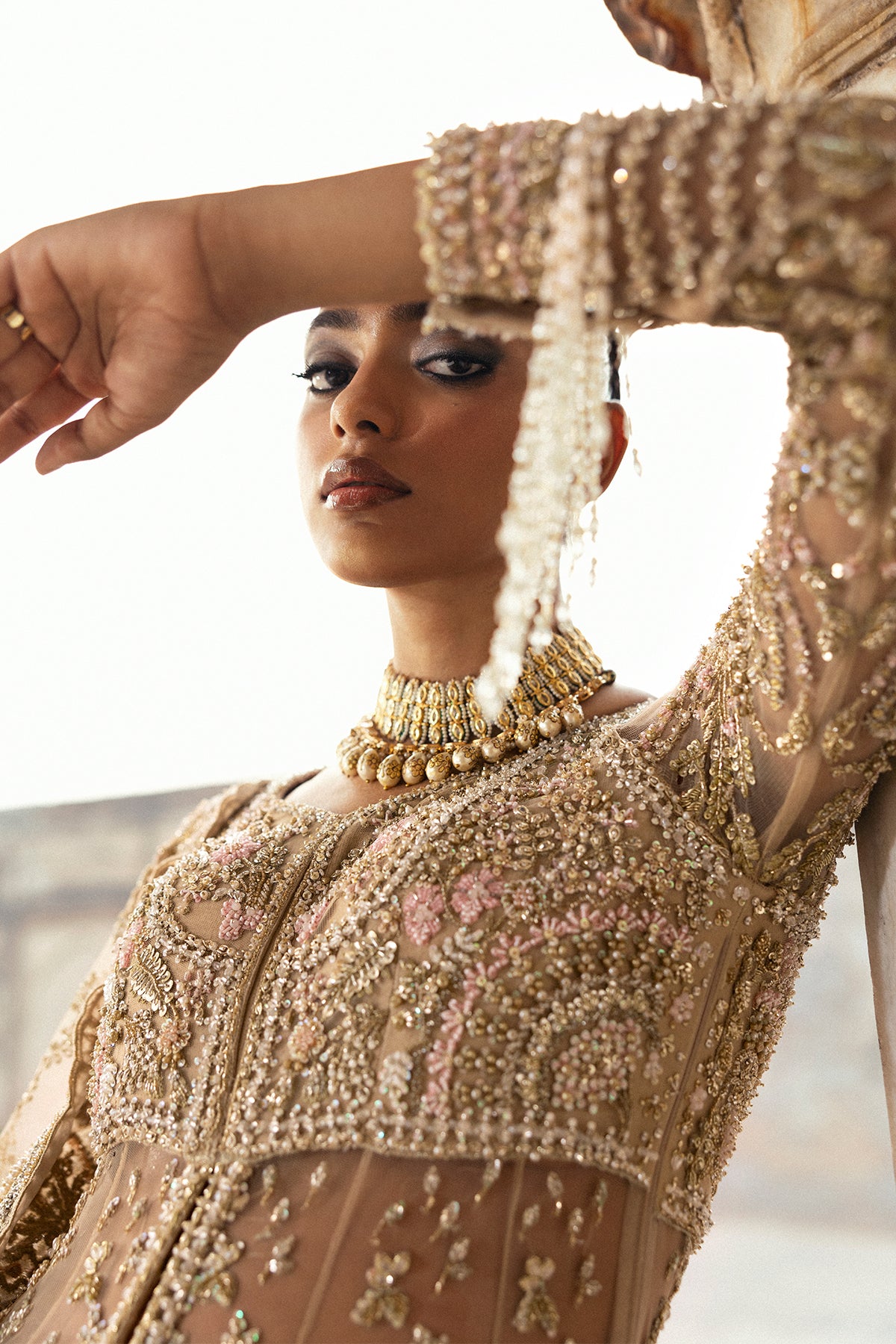 Pakistani Antique Gold Embroidered Net Lehenga (3-Piece) - Image 13