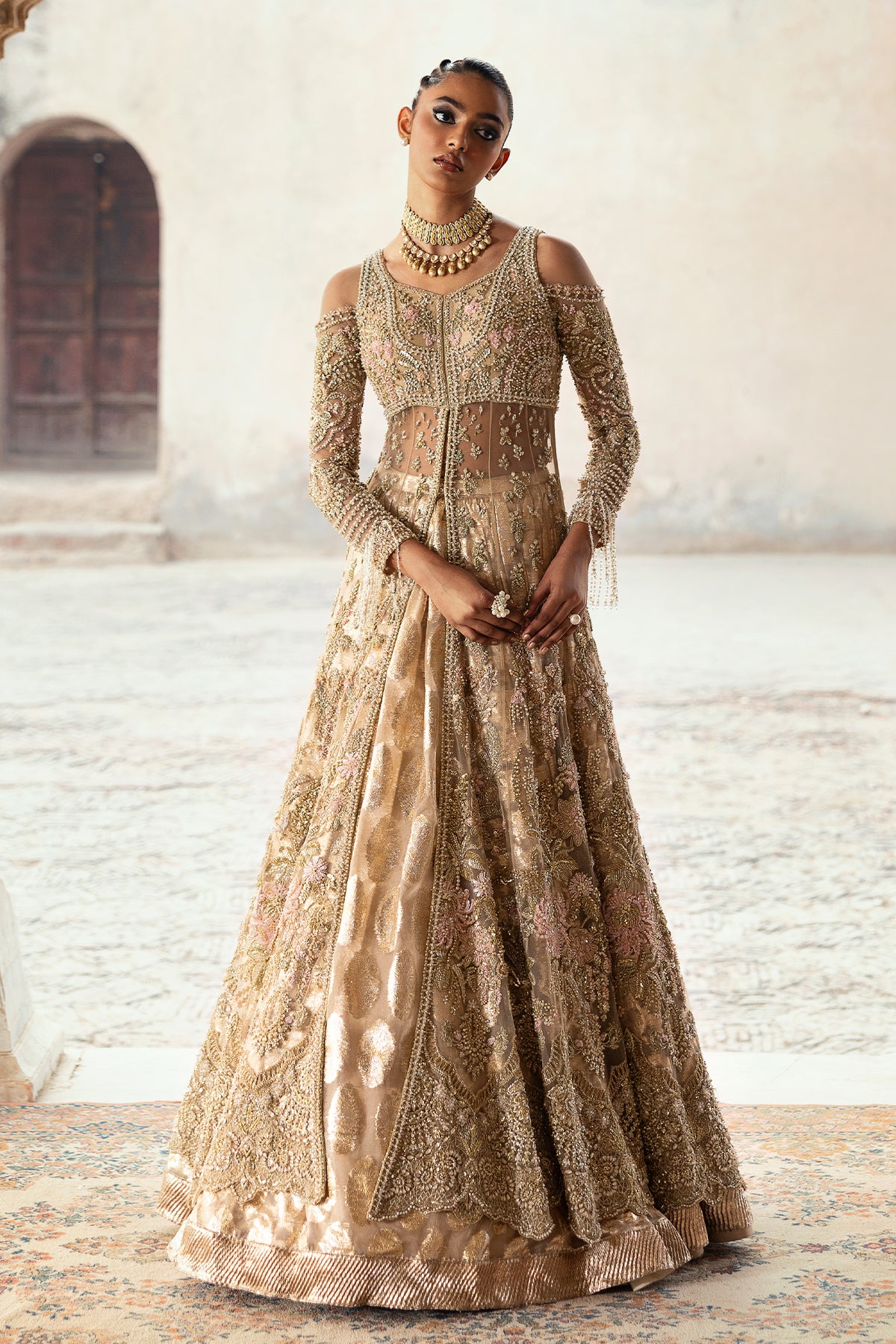 Pakistani Antique Gold Embroidered Net Lehenga (3-Piece) - Image 18