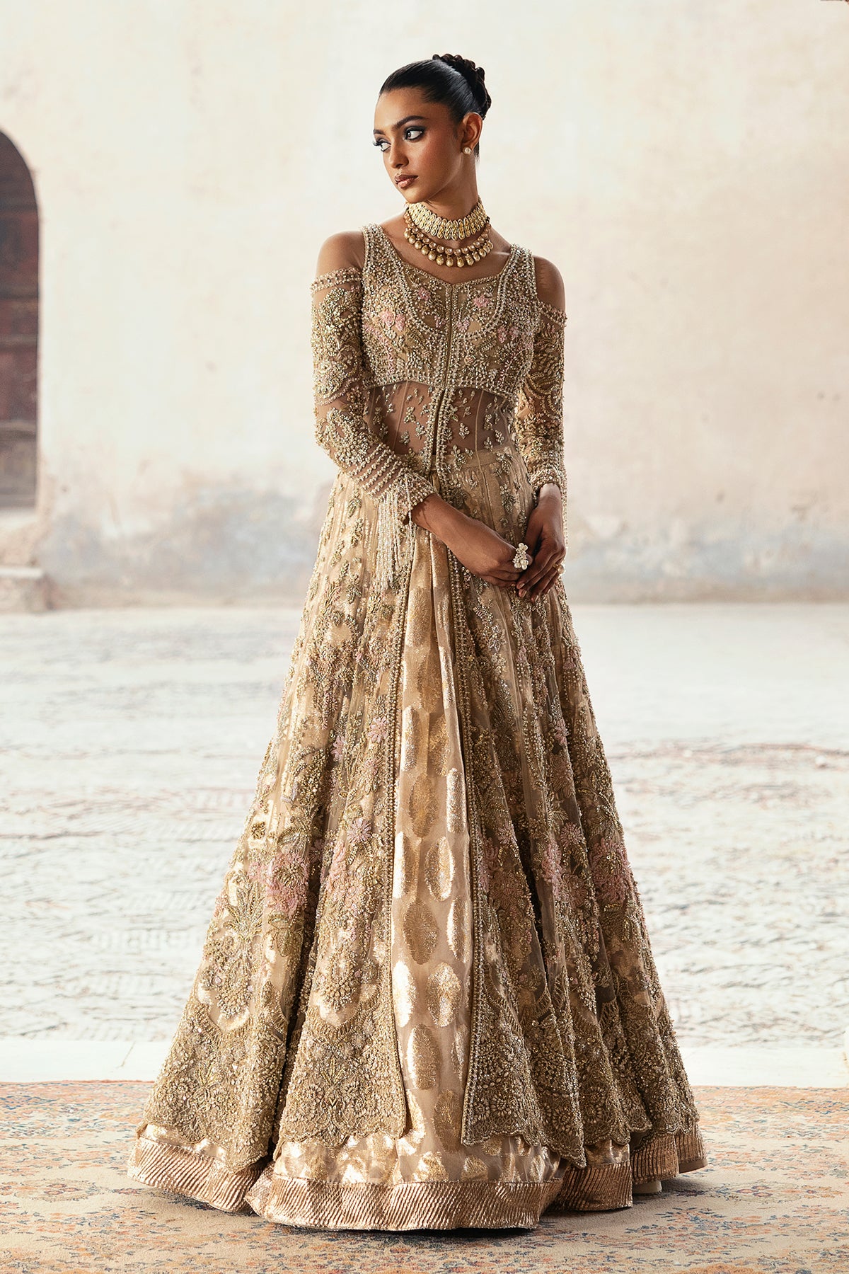 Pakistani Antique Gold Embroidered Net Lehenga (3-Piece) - Image 19