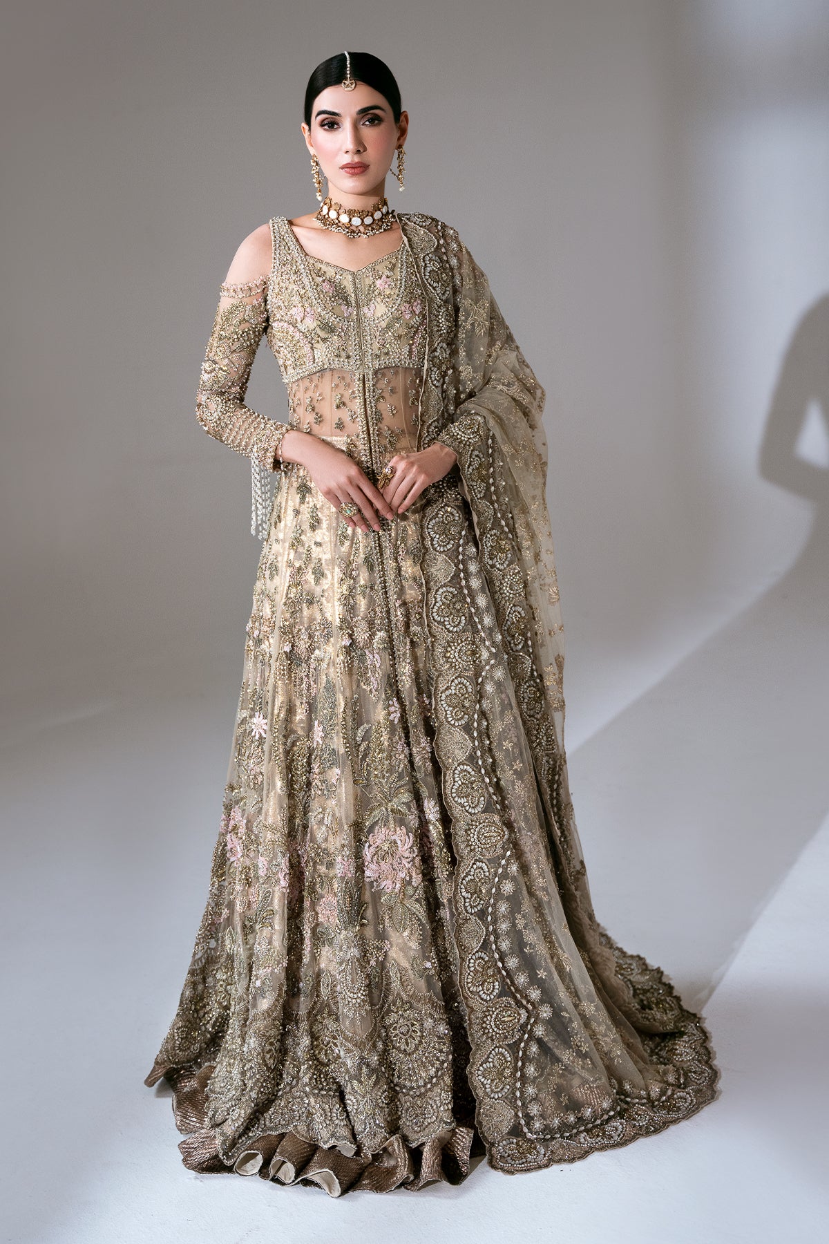 Pakistani Antique Gold Embroidered Net Lehenga (3-Piece) - Image 2