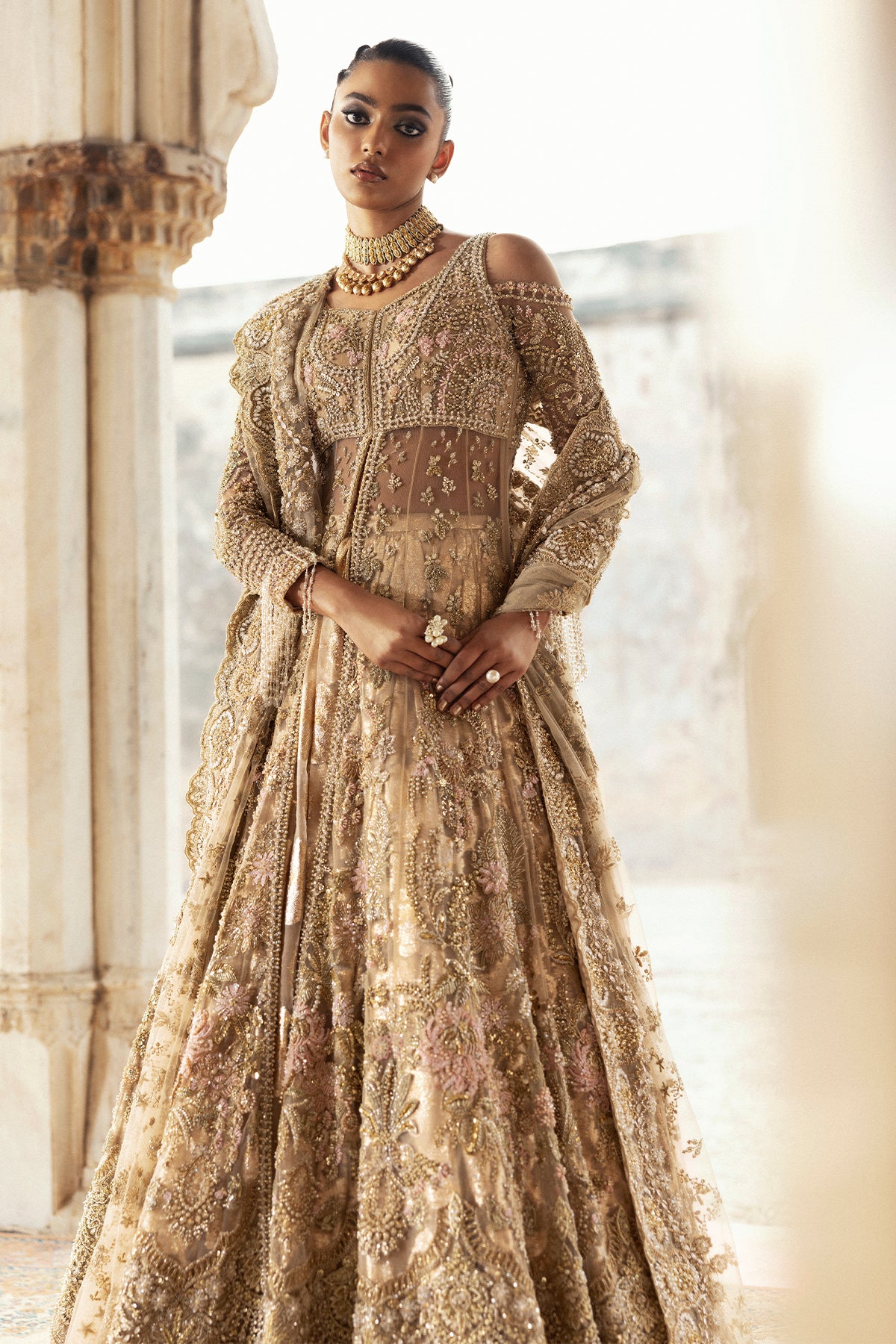 Pakistani Antique Gold Embroidered Net Lehenga (3-Piece) - Image 20