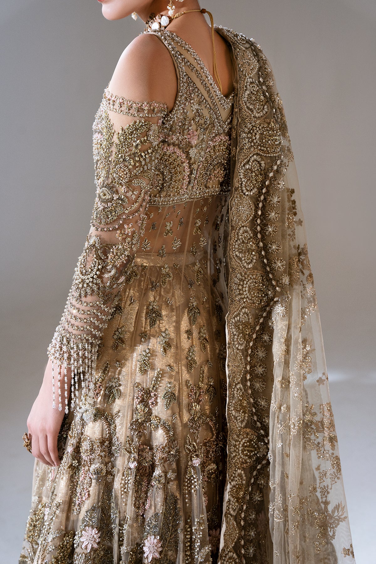 Pakistani Antique Gold Embroidered Net Lehenga (3-Piece) - Image 5