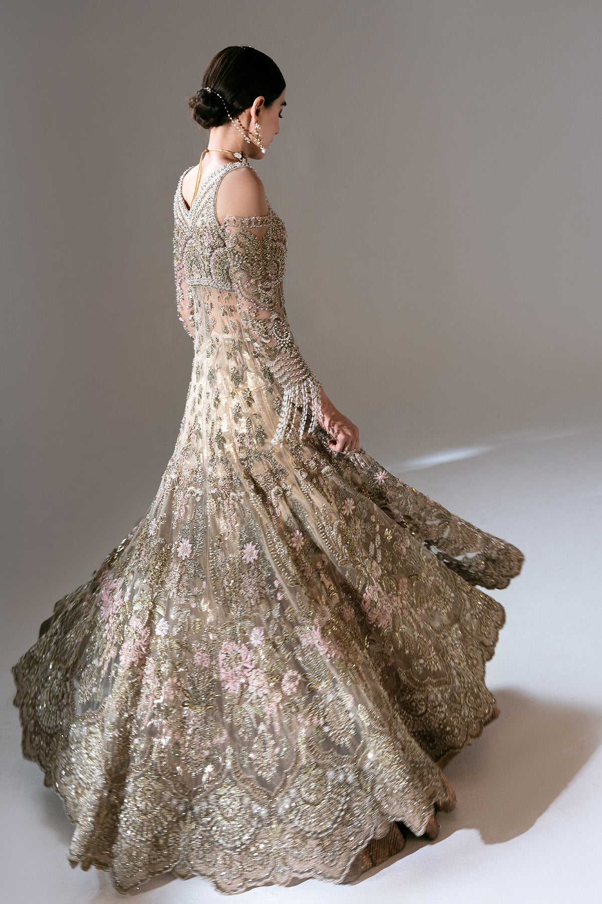 Pakistani Antique Gold Embroidered Net Lehenga (3-Piece) - Image 8