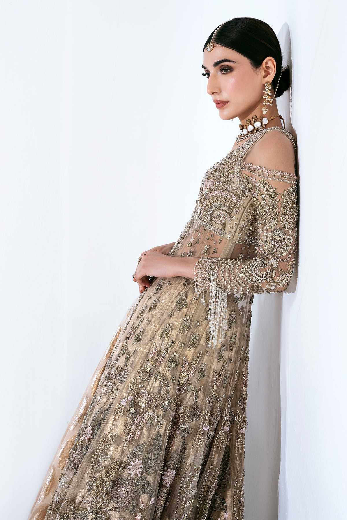 Pakistani Antique Gold Embroidered Net Lehenga (3-Piece) - Image 9