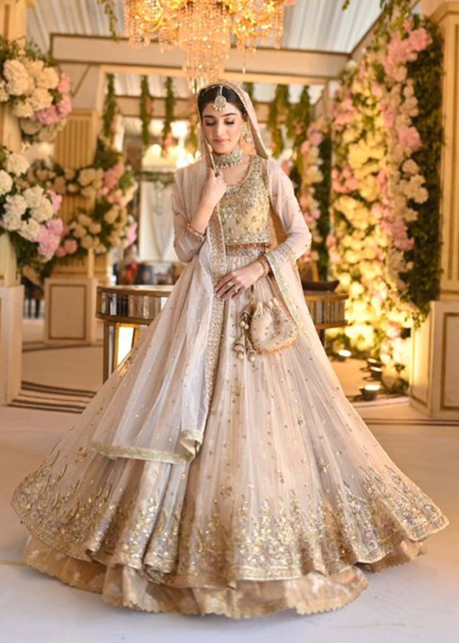 Pakistani Champagne Gold Embroidered Net Bridal Lehenga (3-Piece) - Image 1