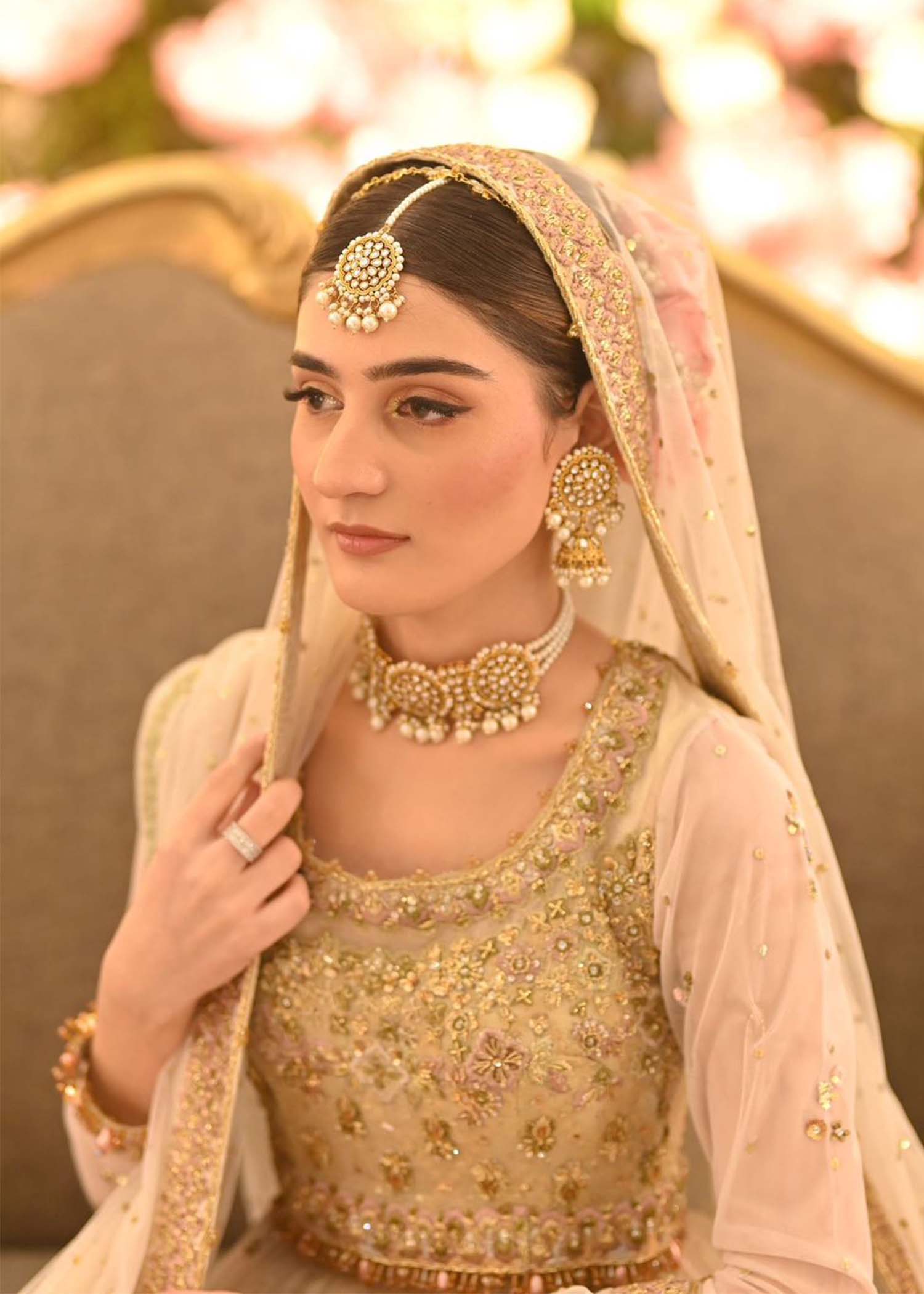 Pakistani Champagne Gold Embroidered Net Bridal Lehenga (3-Piece) - Image 8