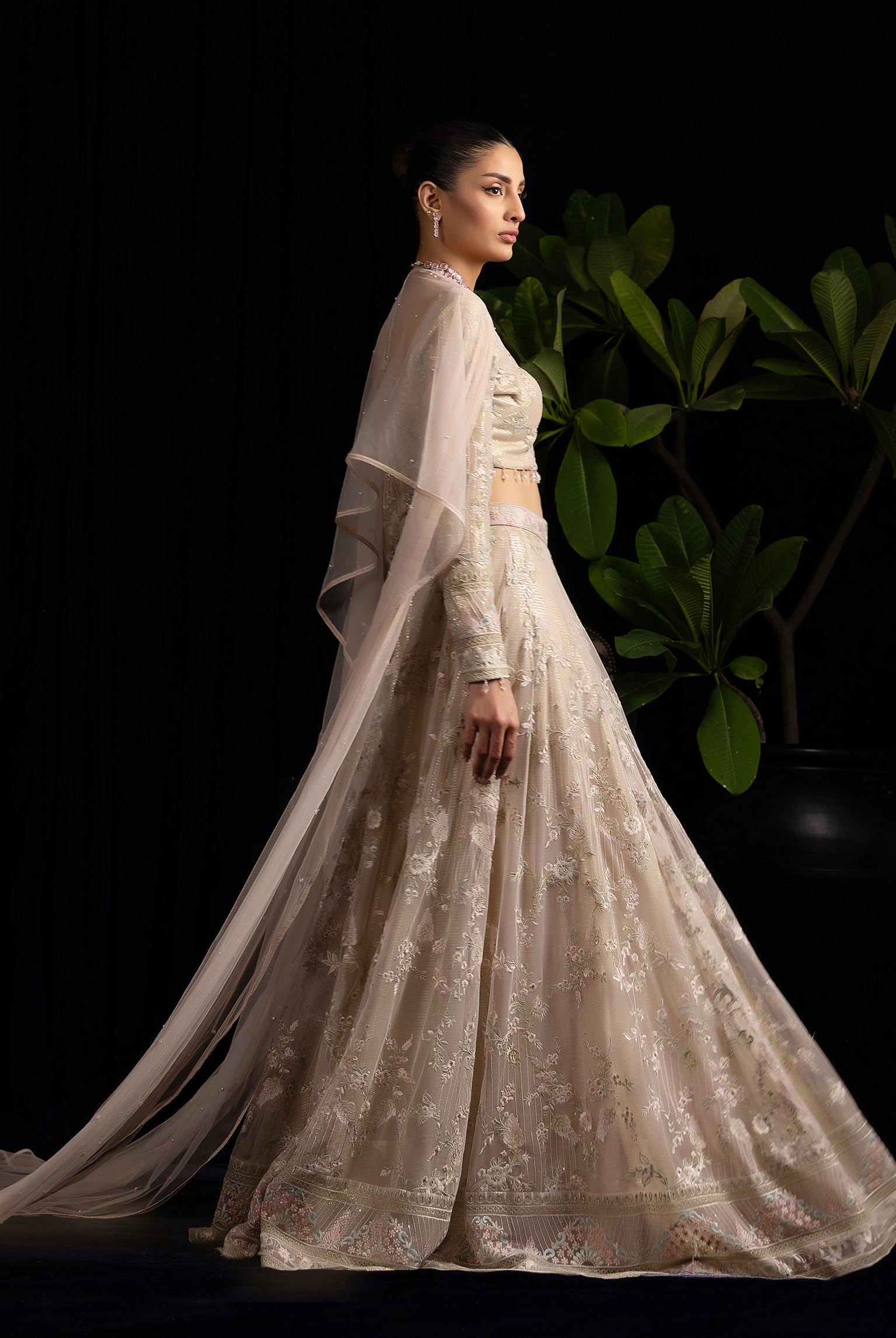 Pakistani Champagne Embroidered Net Lehenga Set (3-Piece) - Image 2